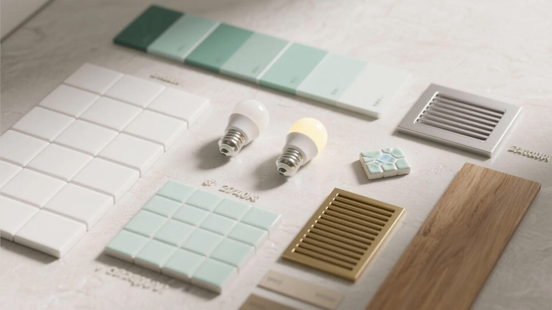 Flatlay of mint paint swatches, tile samples, LED color chips, metal finishes and wood sample.