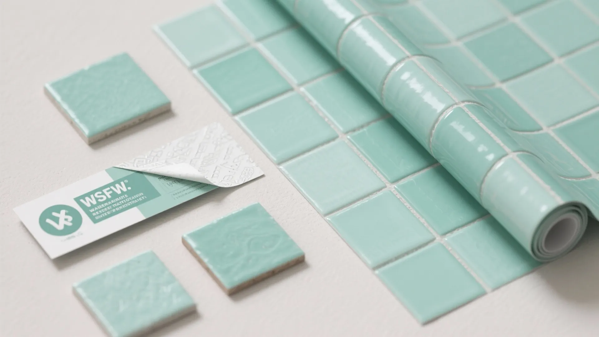 4. Mint Tiles Look with Water-Resistant Wallpaper