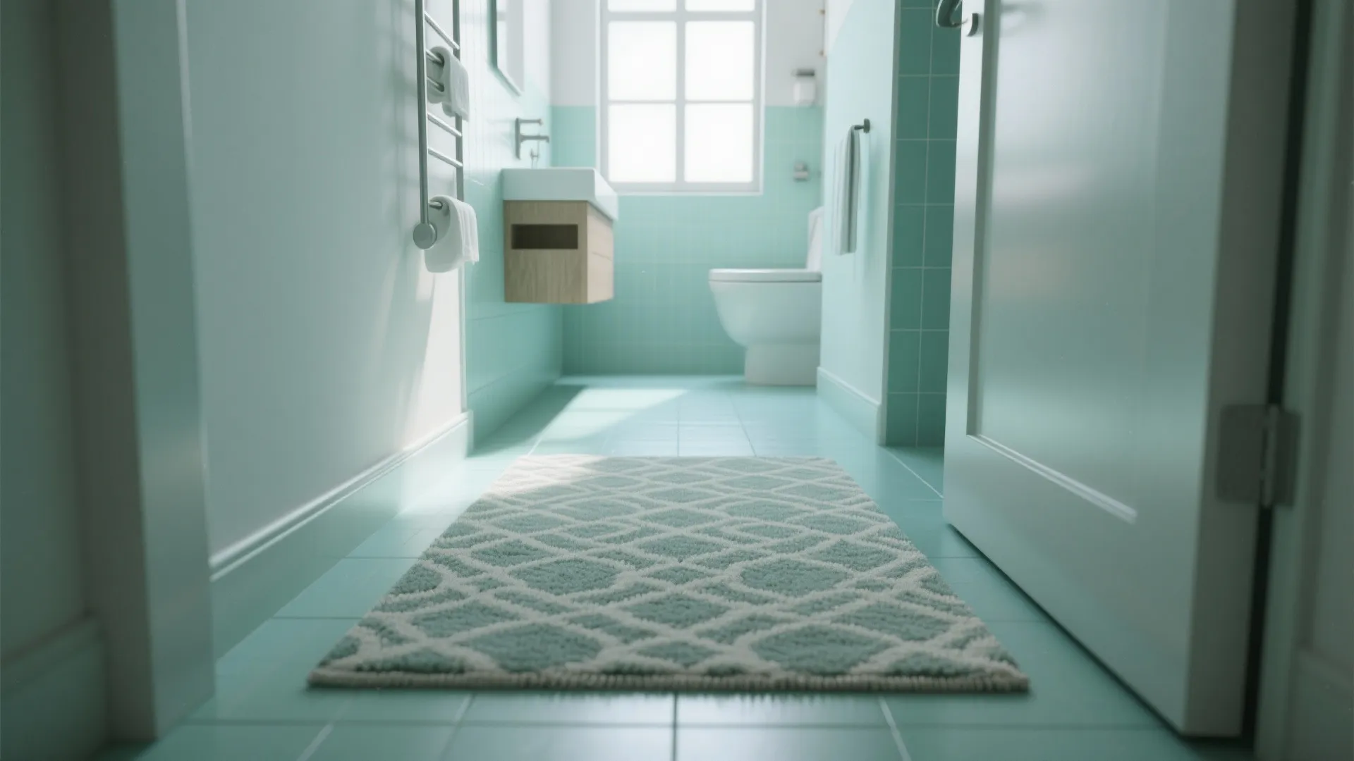 4. Monochrome Mint Floor with Patterned Rugs