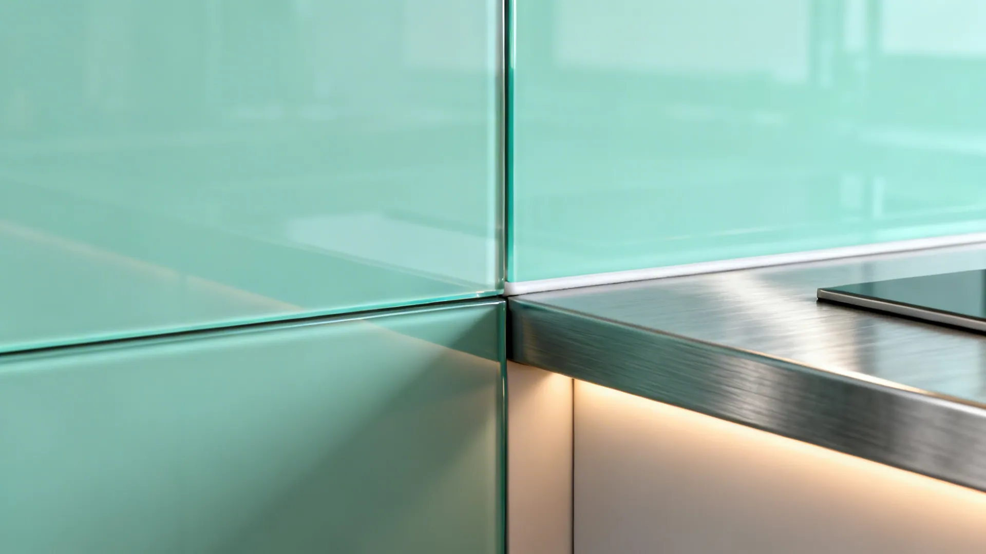 Detail of mint back-painted glass meeting a brushed stainless countertop edge.