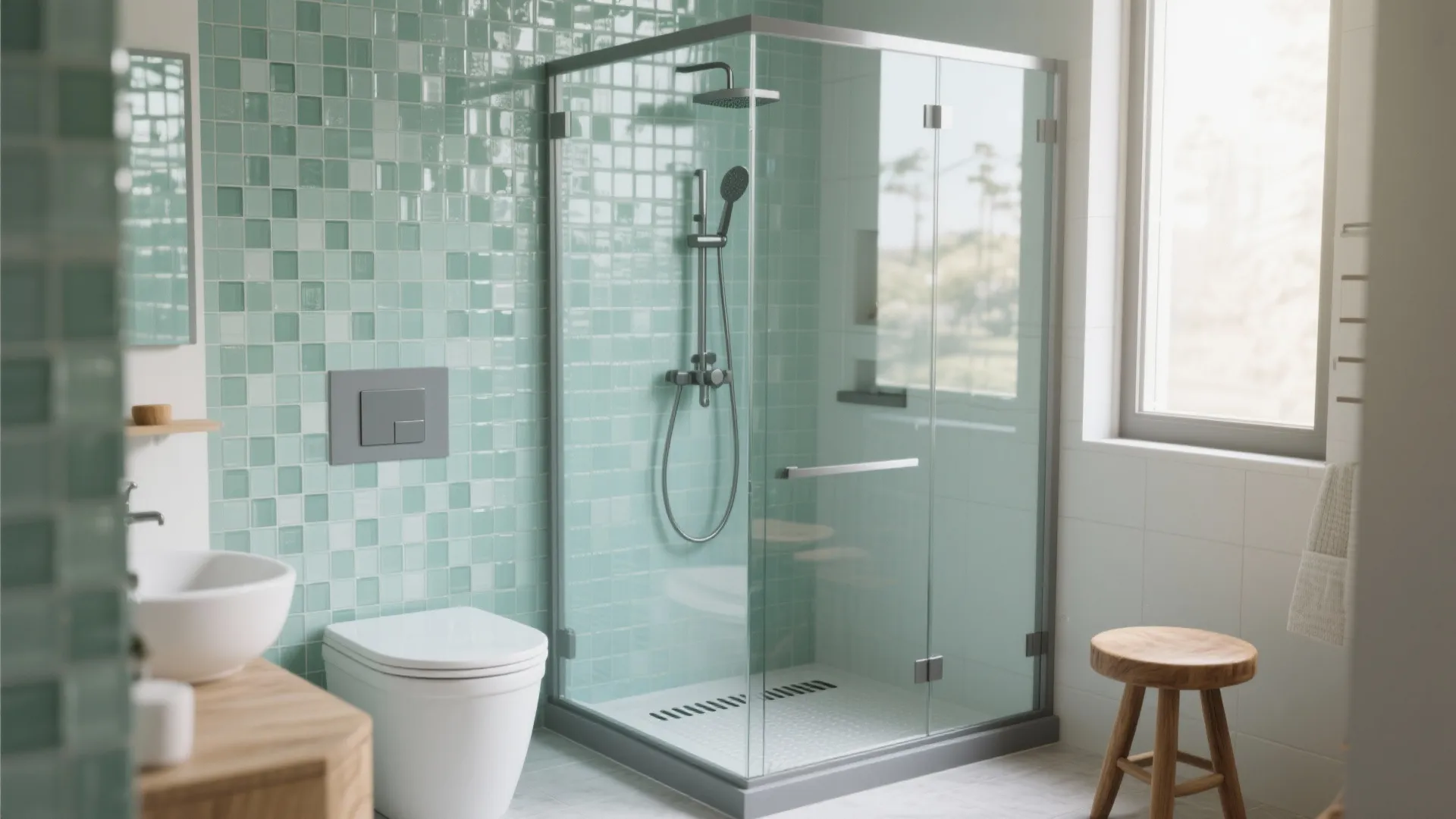 4) Glass Shower with Mint Accent Wall