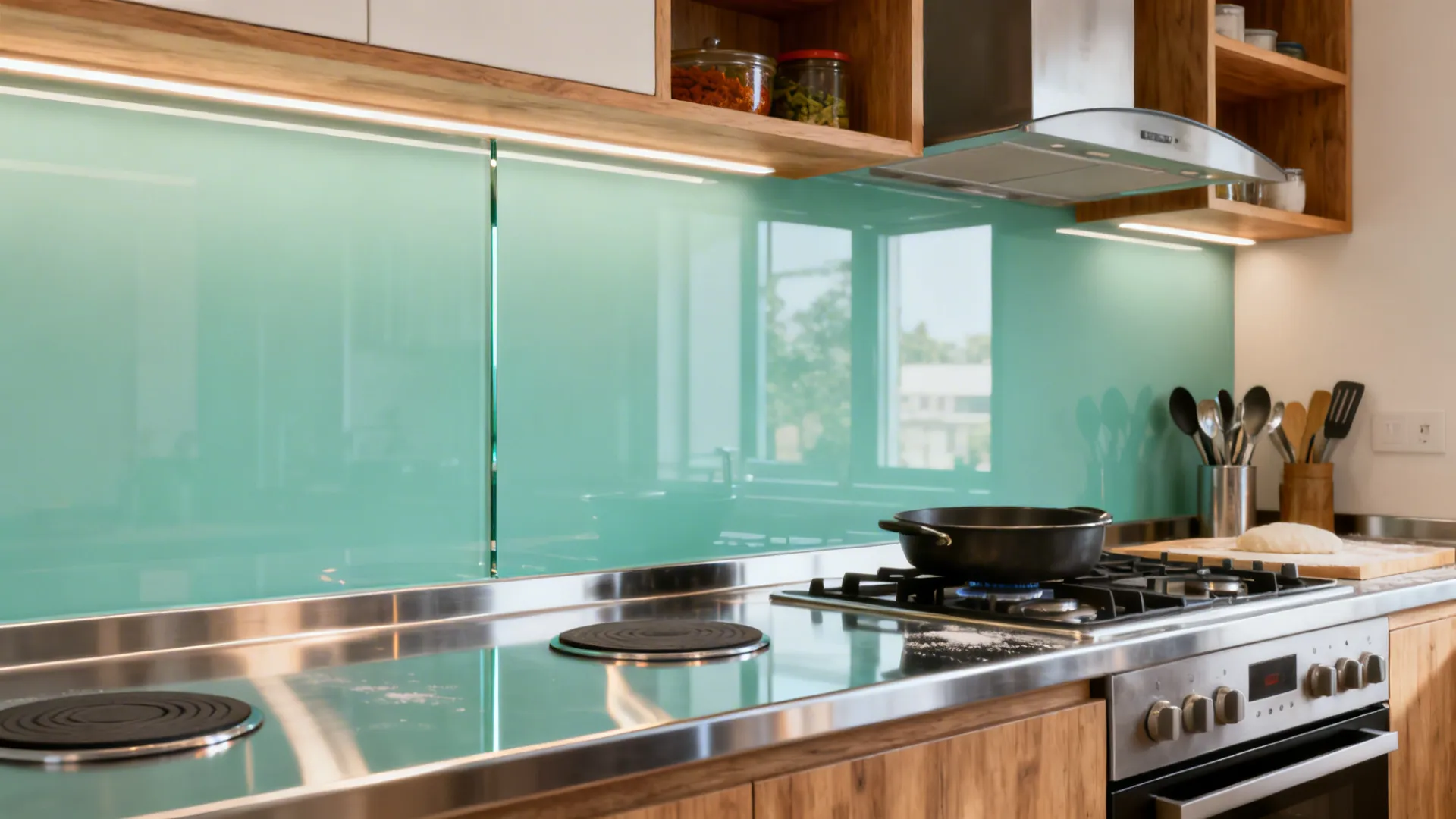 Mint back-painted glass backsplash with stainless steel countertop in a compact kitchen.