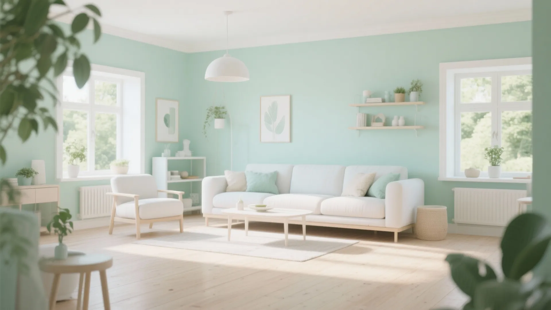 Mint green living room with pastel furniture and light wood