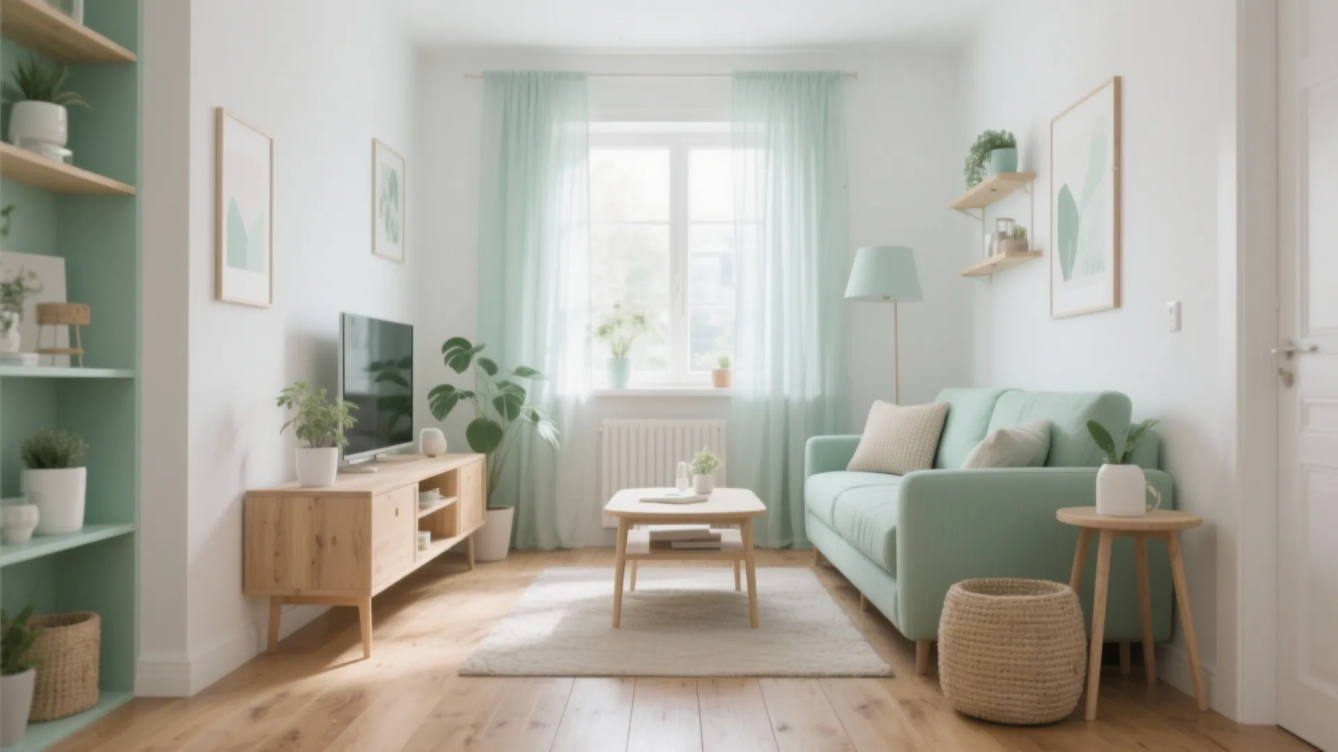 Bright living room featuring mint green sofa wooden coffee table white walls and light curtains
