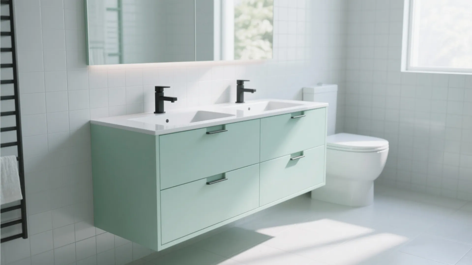 Minimalist mint green vanity with matte black handles