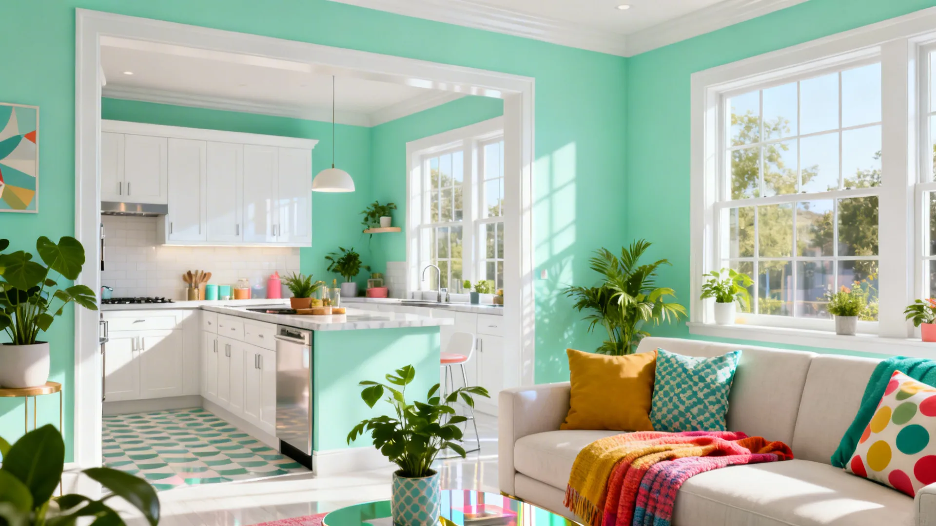 Open-plan living room in mint green with white trim and playful modern accents.