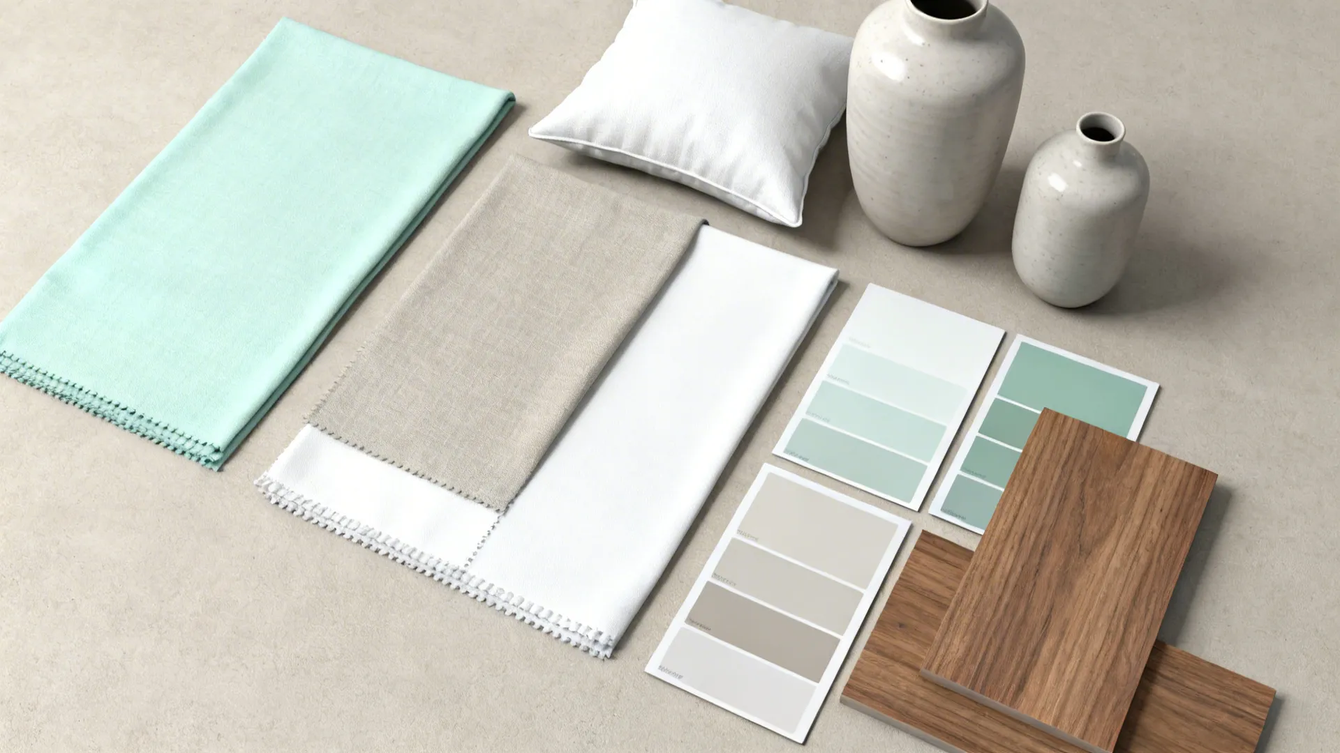 Top-down flatlay of mint, greige, and white fabric and paint samples