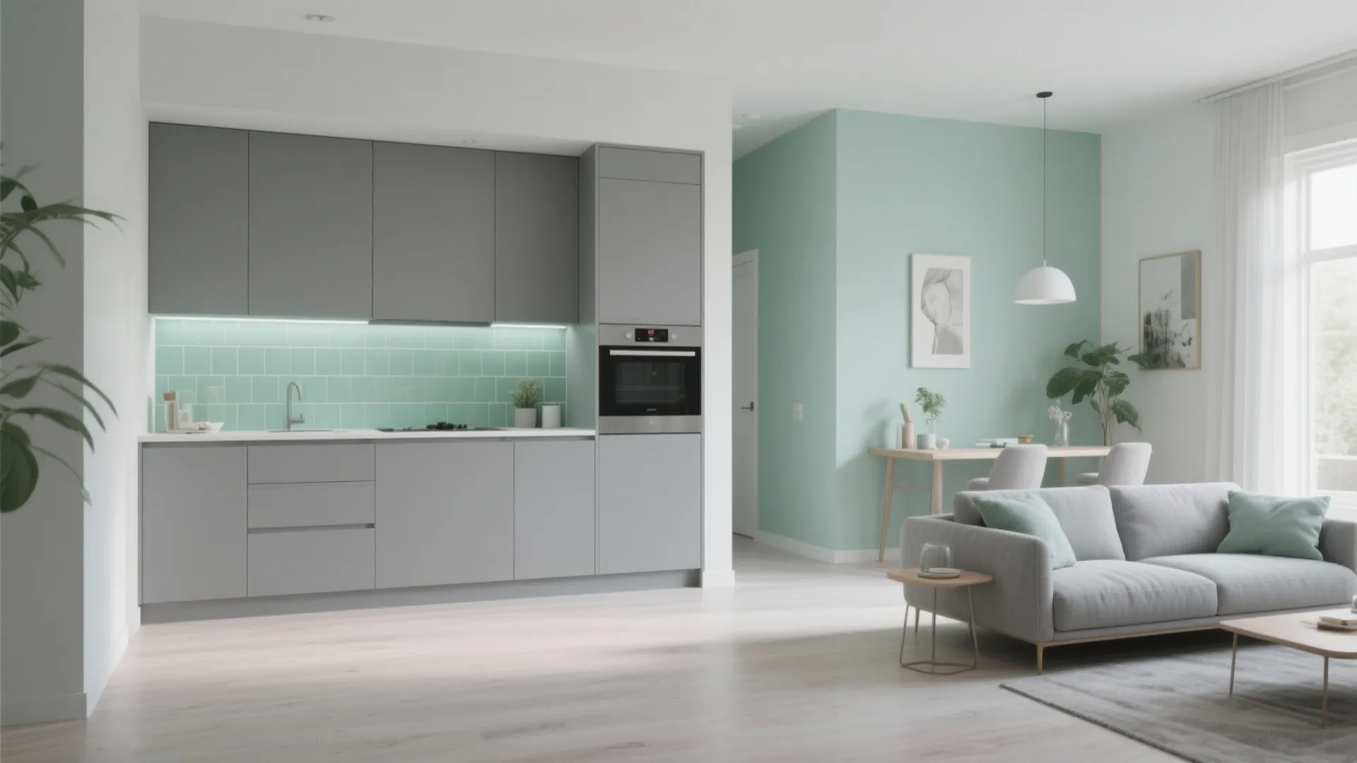 9. Mint and Grey in the Kitchen-Living Combo