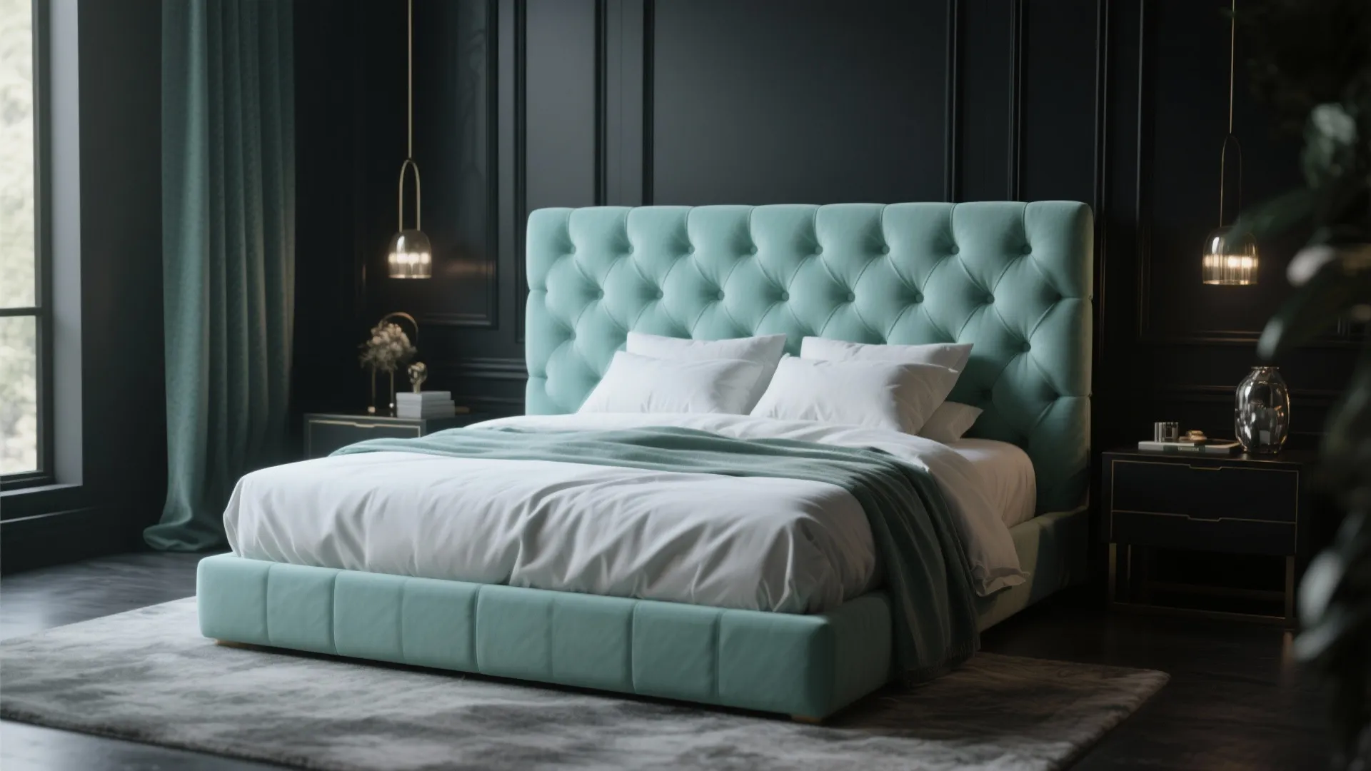 Tufted mint headboard on matte black wall