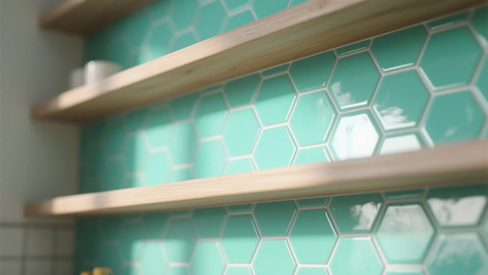 Mint green hexagon wall tiles with white grout lines behind three simple wooden floating shelves