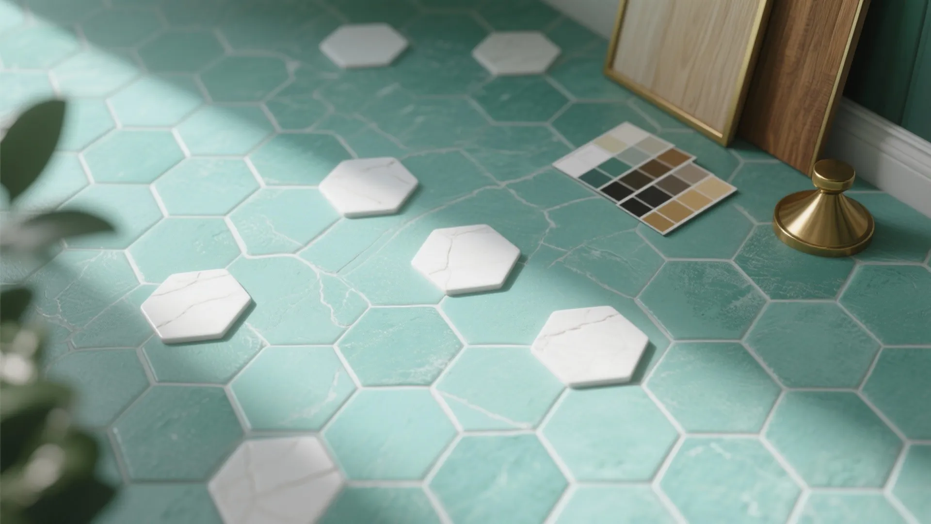 3. Mint Hexagon Floor Tiles to Add Playful Texture