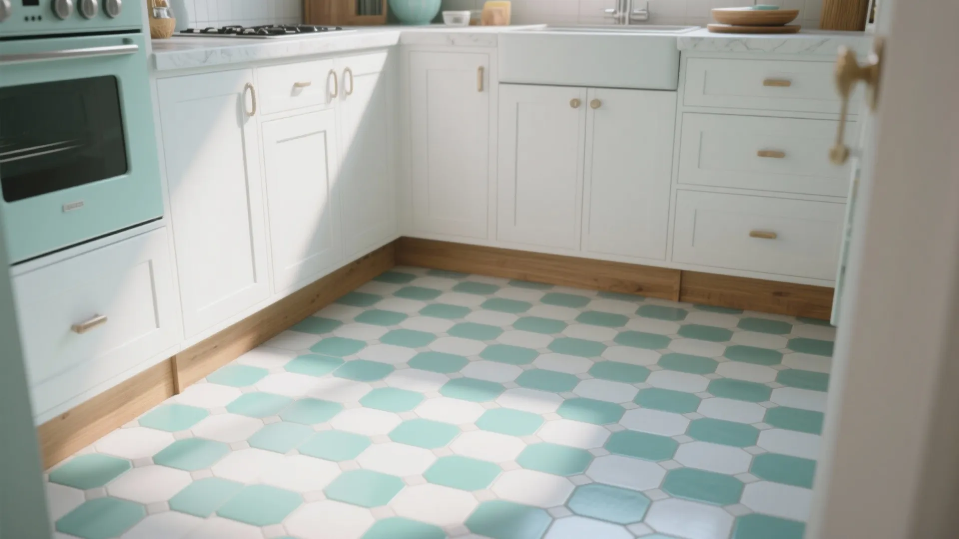 2. Mint Hexagon Floor for Playful Contrast