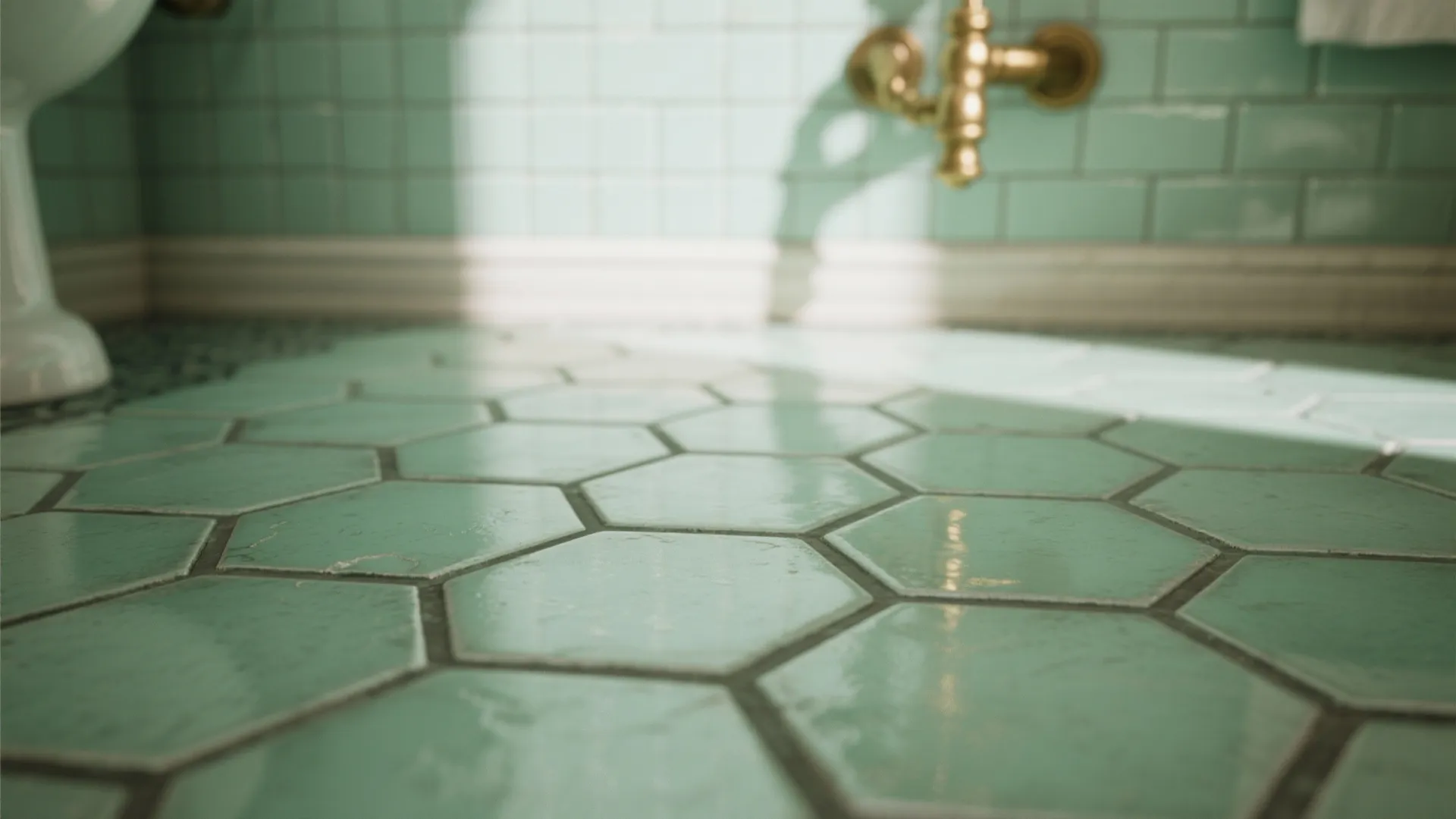 Mint green hexagon floor tiles with sunlight next to a wall with square green tiles