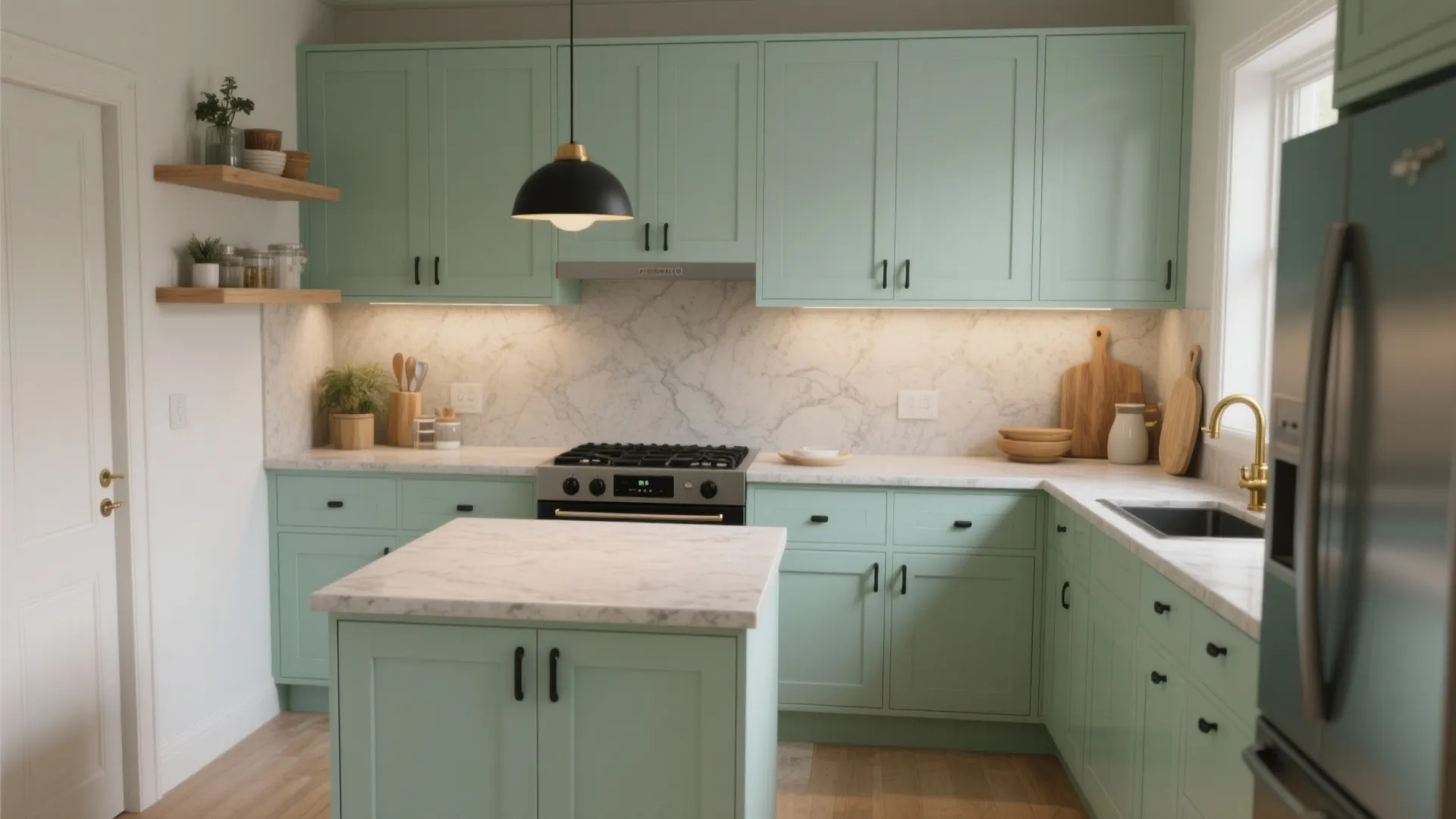 Small kitchen with mint lower cabinets, neutral countertops, matte black hardware and warm brass accents.