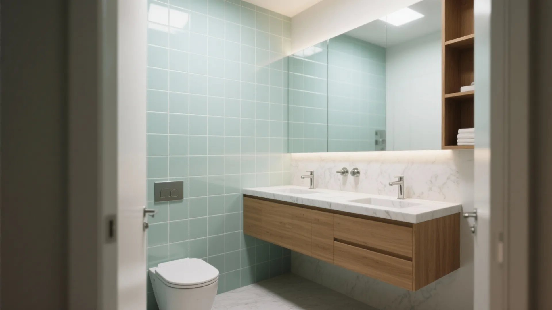 Vertical stack mint tiles + a smart L-shaped vanity