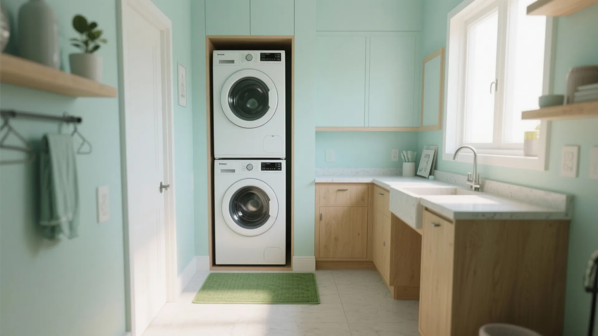 Mint and pastel palettes for tight laundry rooms