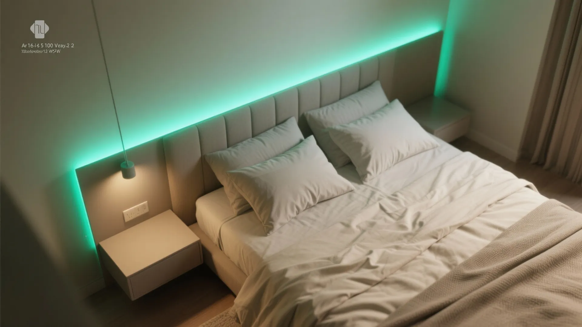 Green light strip behind a bed headboard creating a modern atmosphere in a cozy bedroom