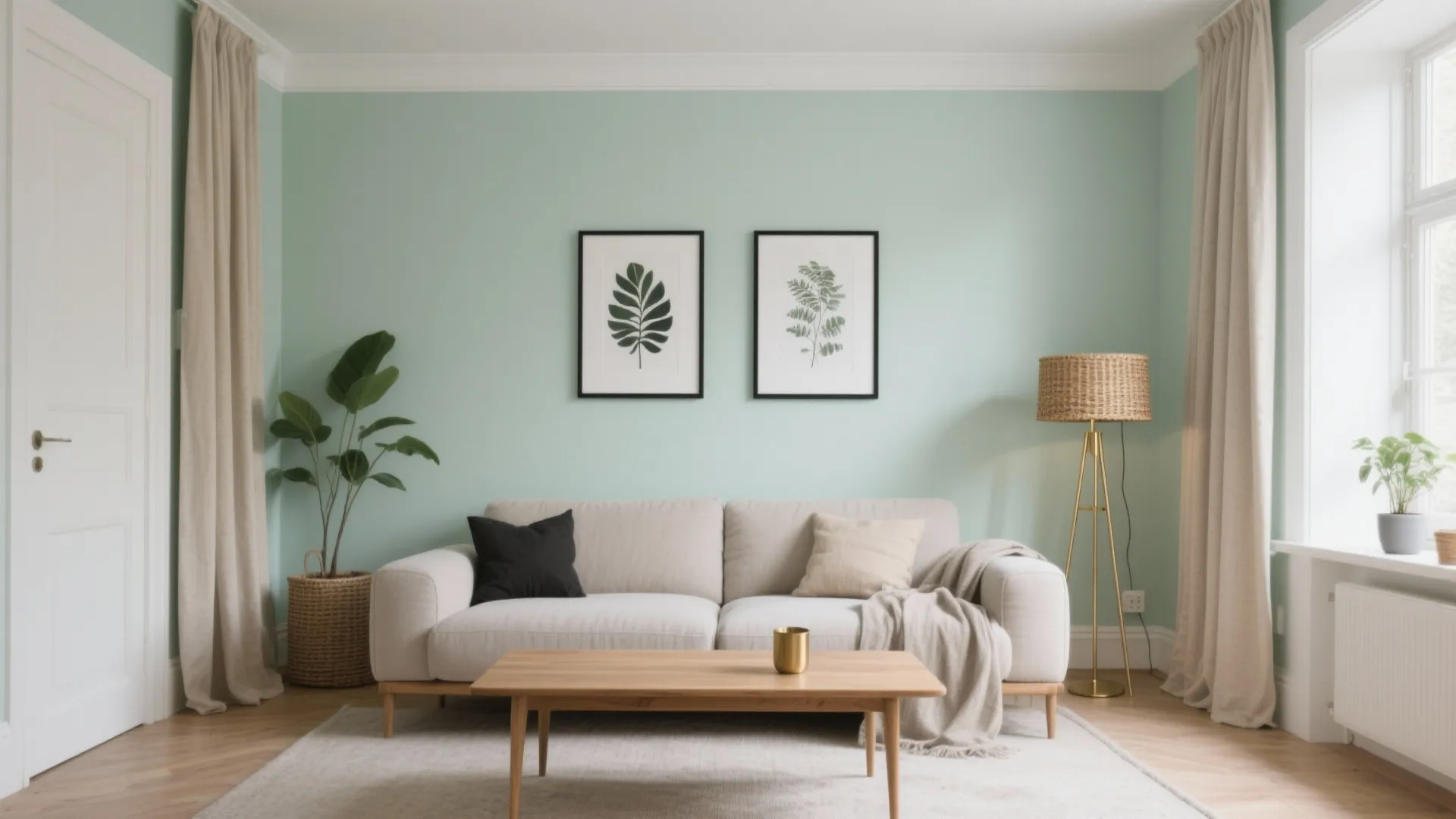 Mint green living room with beige sofa wooden coffee table floor lamp and botanical wall art