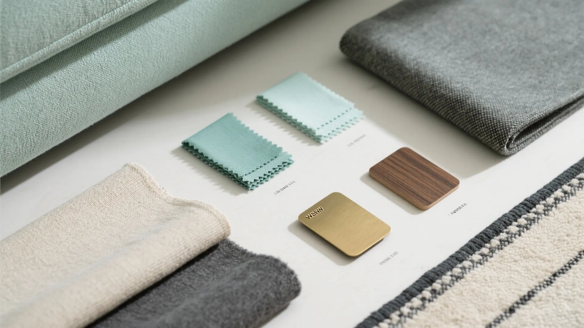 Interior design material board with green fabric samples wood pieces metal plates and textured rugs