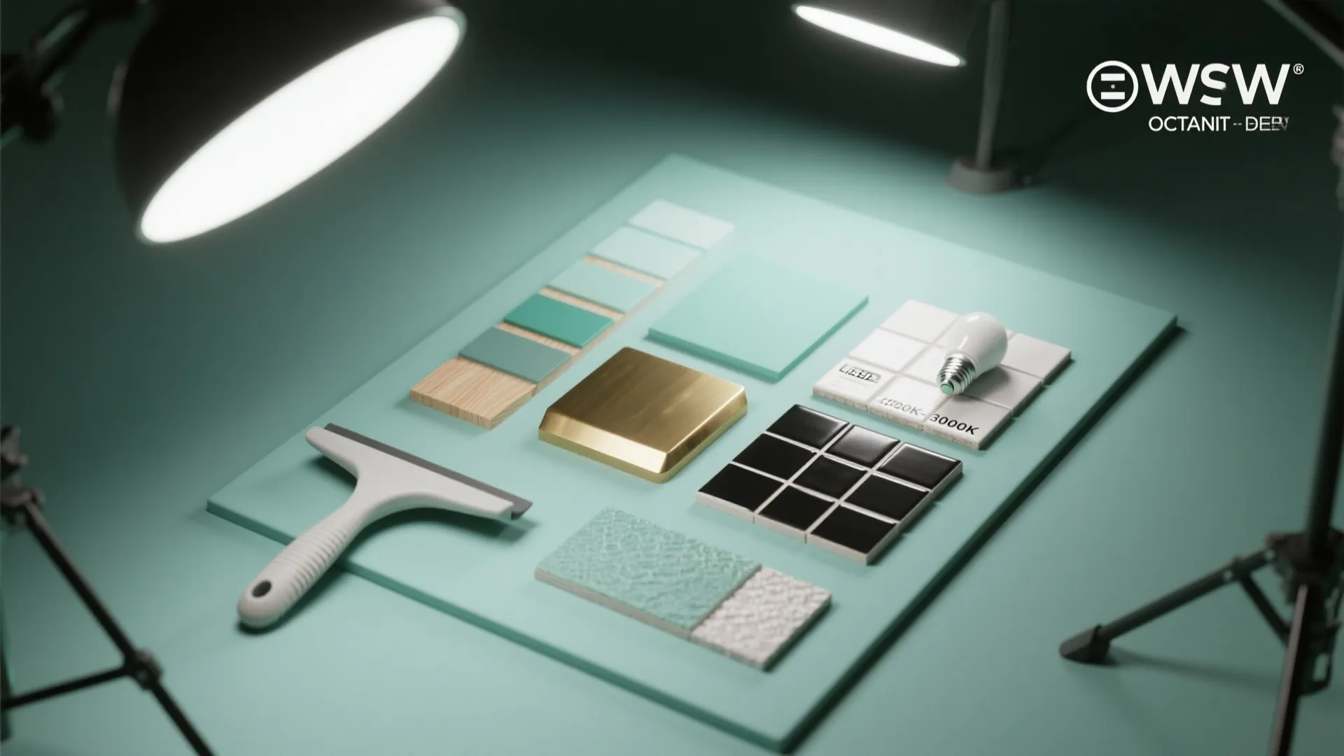 Flatlay of mint swatches, wood and brass samples, tile sample and LED bulb showing recommended warm color temperature