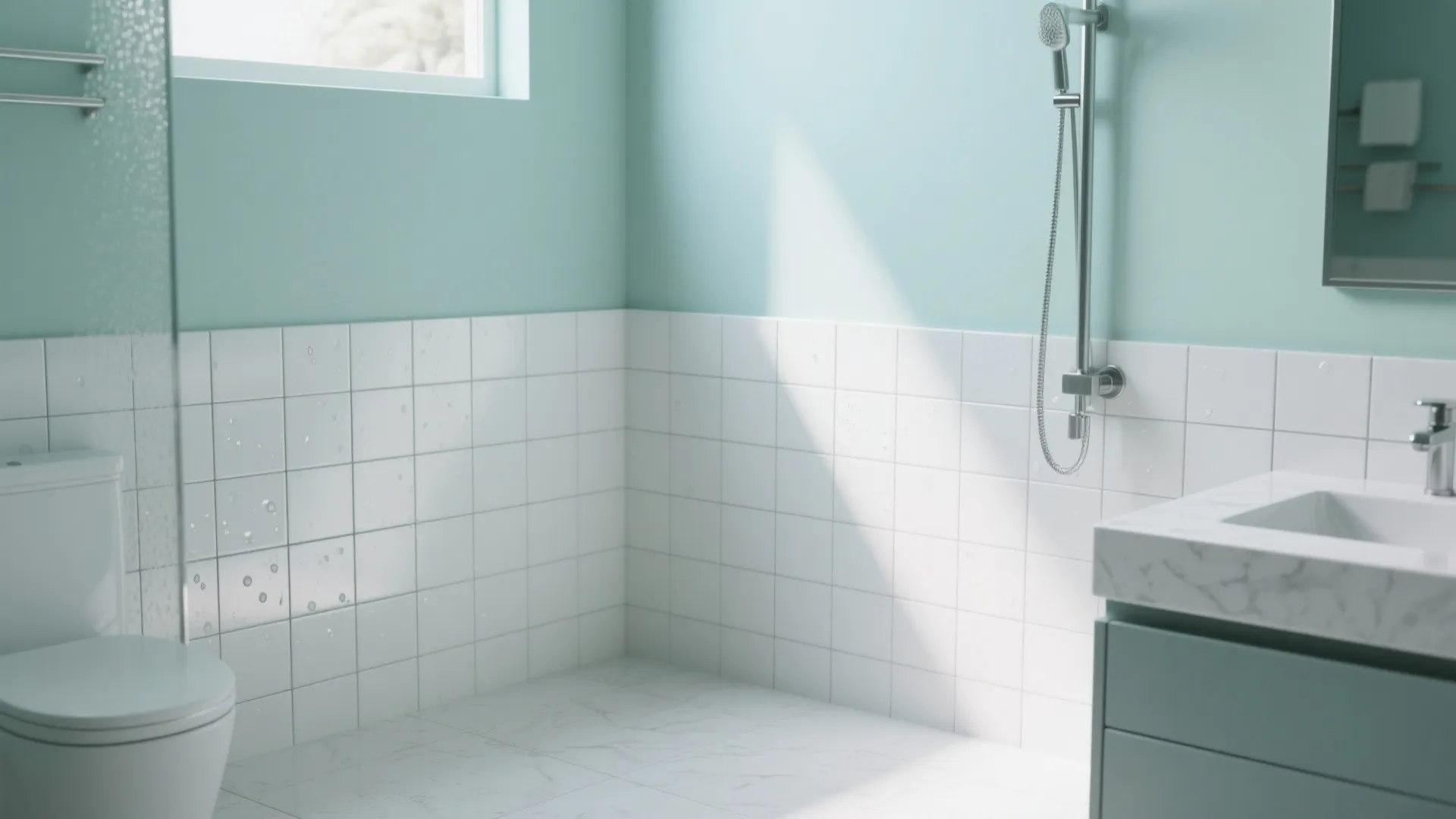 Bathroom with soft mint walls and large matte white tiles with slightly darker grout.