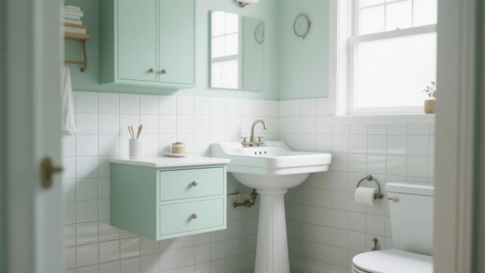 Small bathroom with mint green vanity and matte white subway tiles, vintage Scandinavian feel