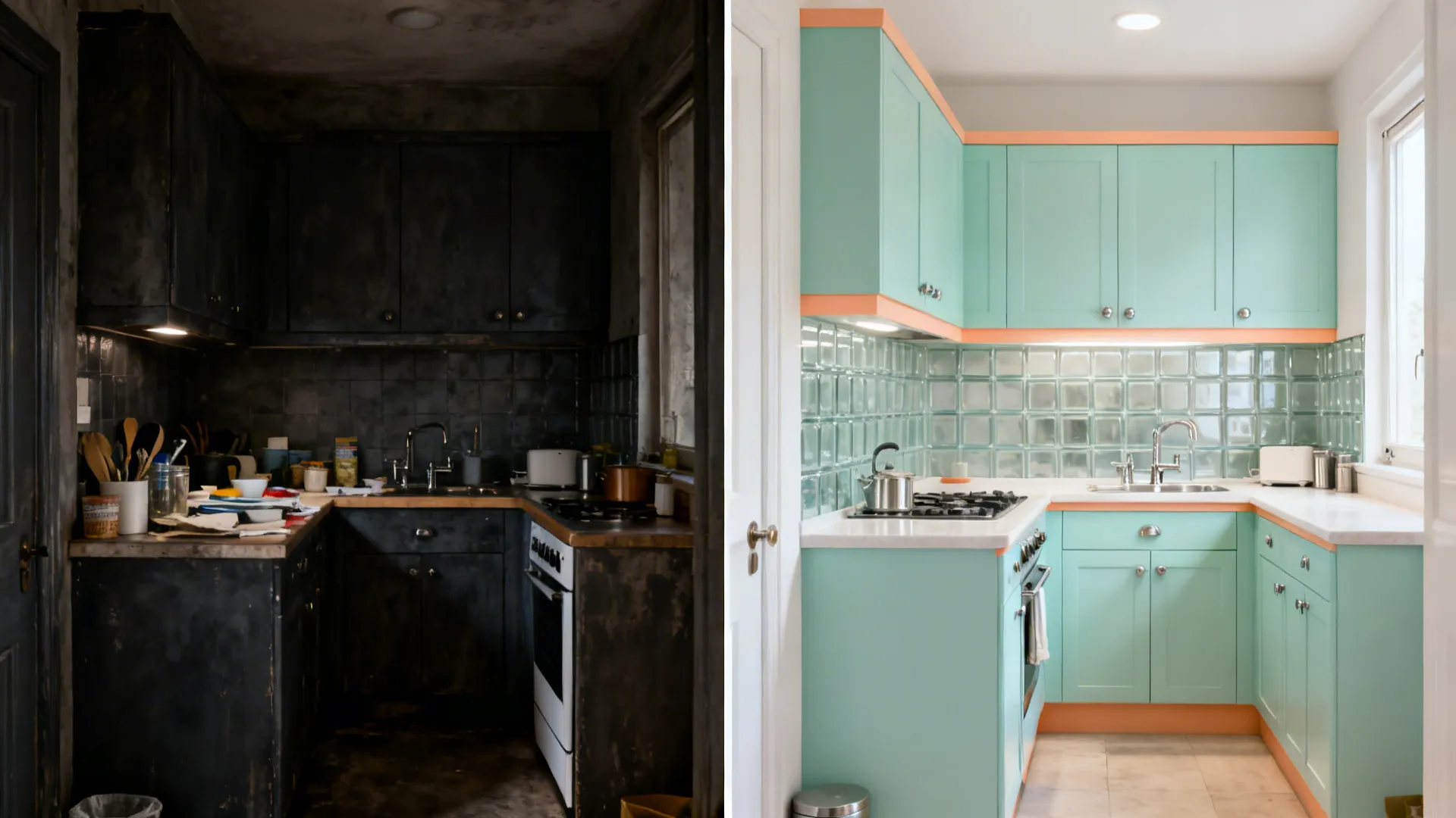 Before-and-after of a tiny kitchen transformed with mint and apricot tones.