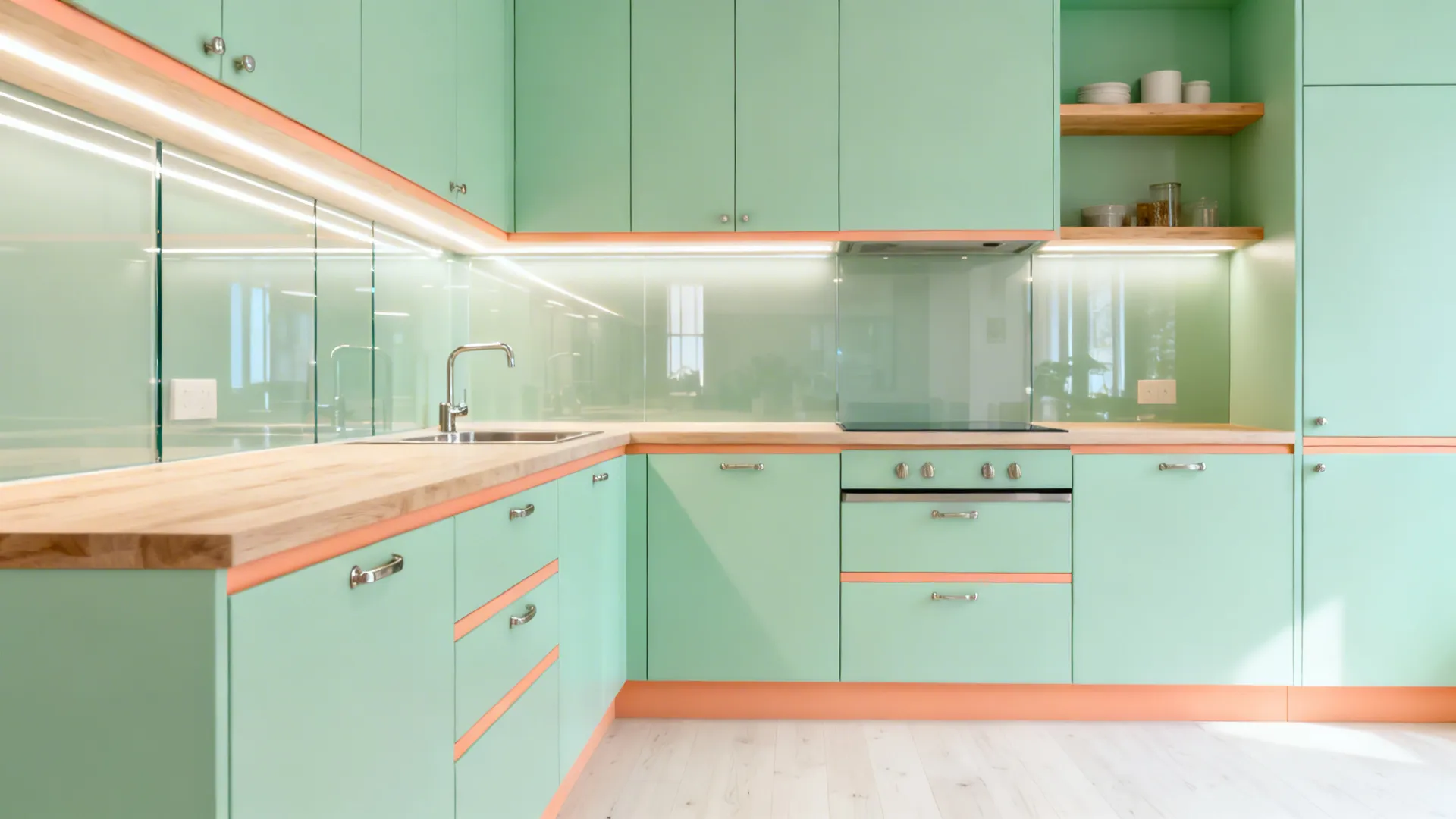 Mint micro-kitchen with apricot accents and a light, airy feel.