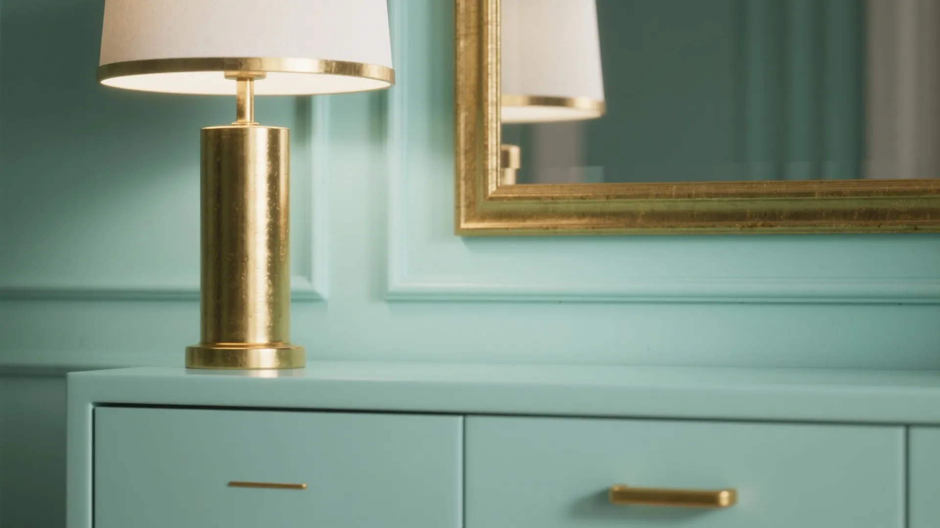 Gold table lamp on a mint green cabinet next to a mirror with gold frame
