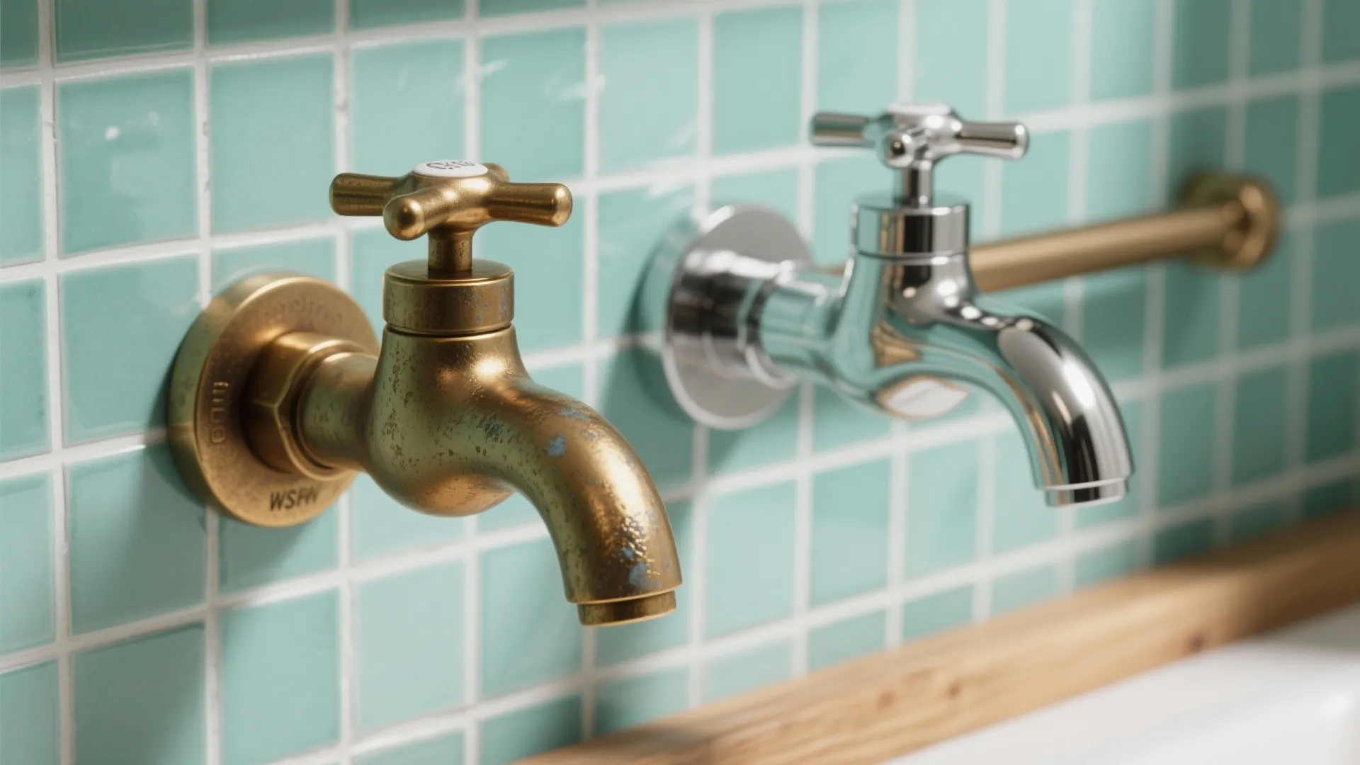 Macro comparison of warm brass and polished chrome faucet samples against mint tile background.