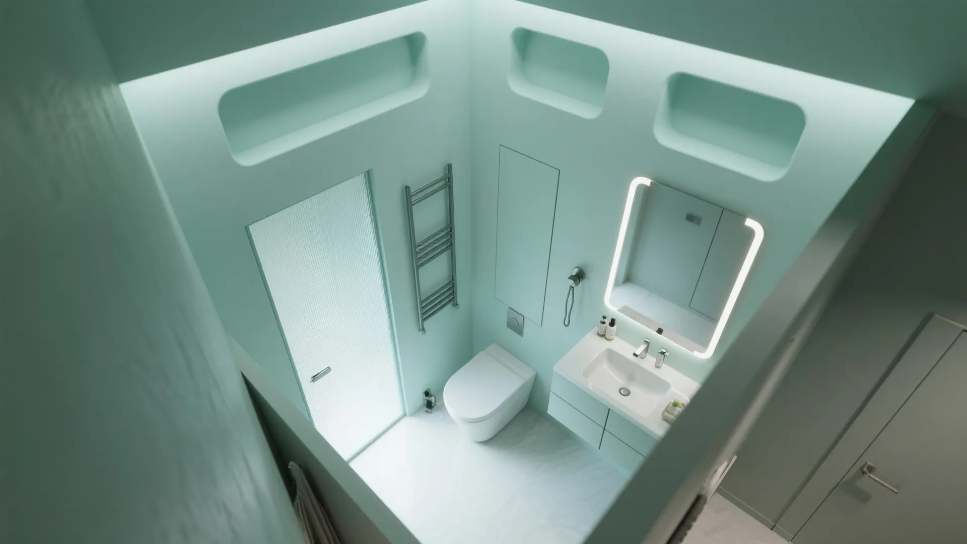 Top-down layout of a tiny micro-spa bathroom with pale mint niches and vertical storage.