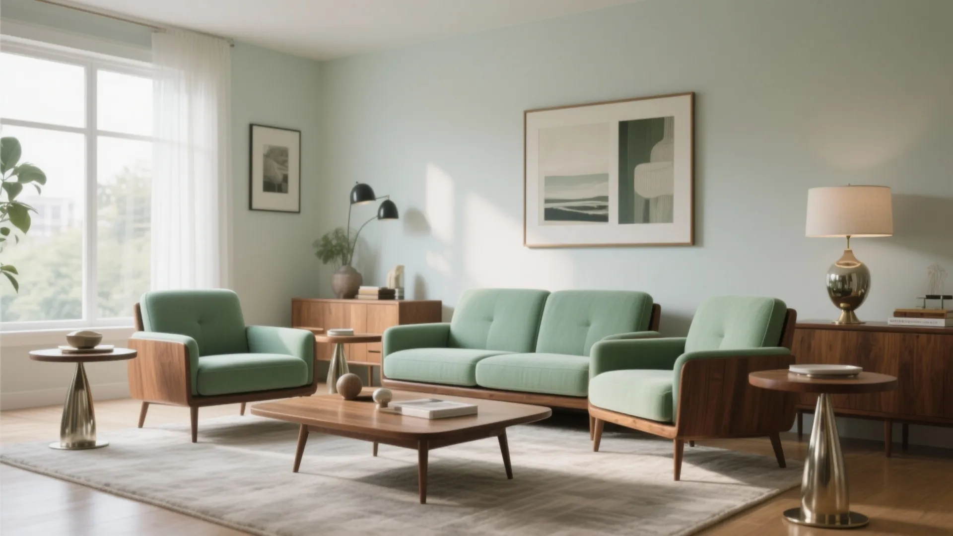 Mid-century living room with green armchairs wood coffee table wall art and light green wall