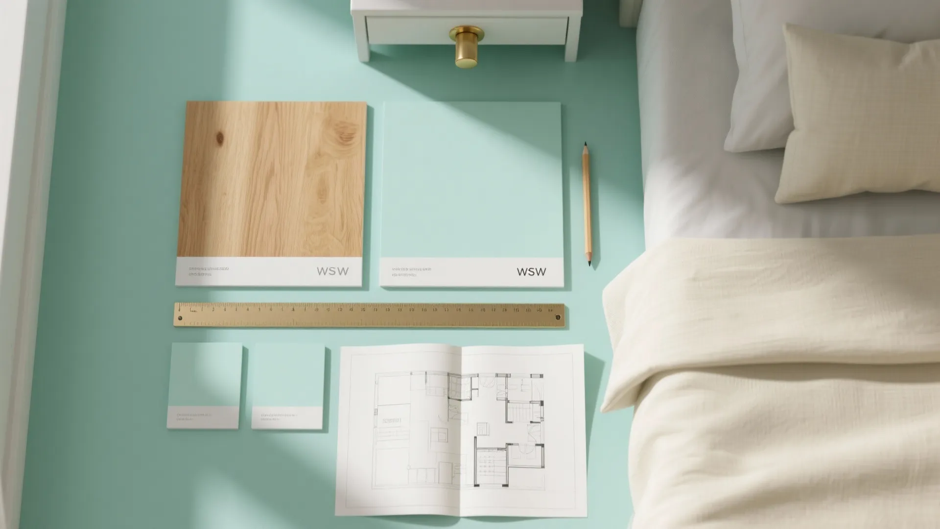 Interior design floor plan with color samples wood board and ruler on a mint background