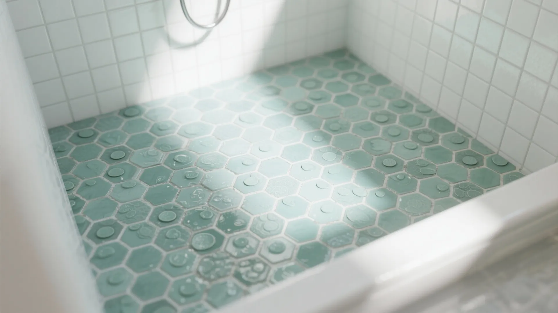Mint hex mosaic shower floor with epoxy grout and matte white walls