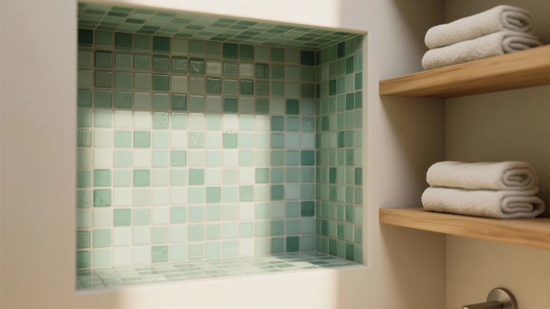 5. Mint Mosaic Niche and Open Shelving