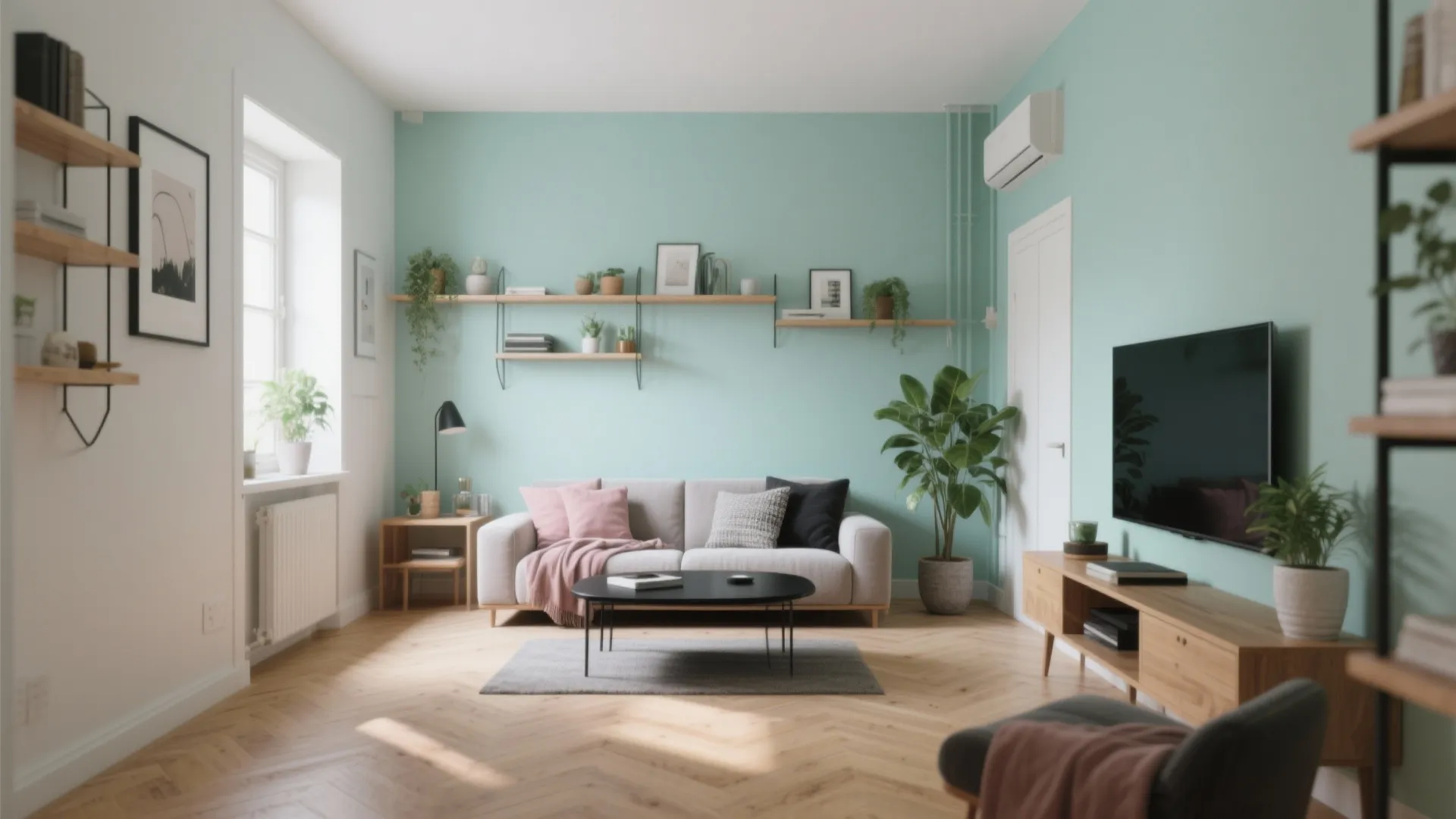 Micro-apartment living area with mint walls paired with warm oak, matte black accents and layered textiles.
