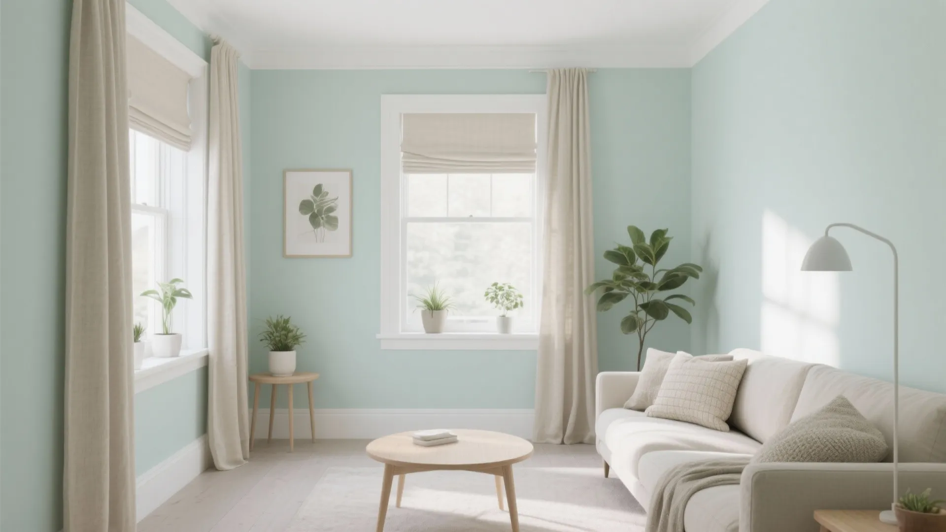 Bright living room with mint walls white sofa round coffee table and windows with curtains