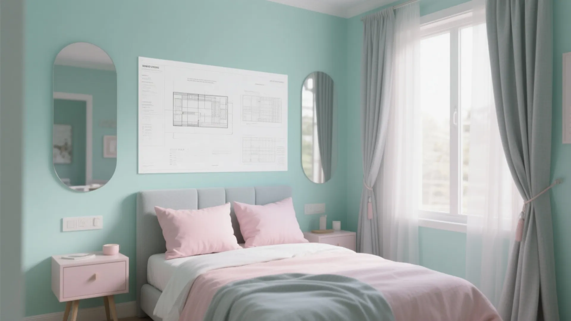Pastel bedroom with mint walls pink pillows grey bed curtains mirrors and interior design drawing