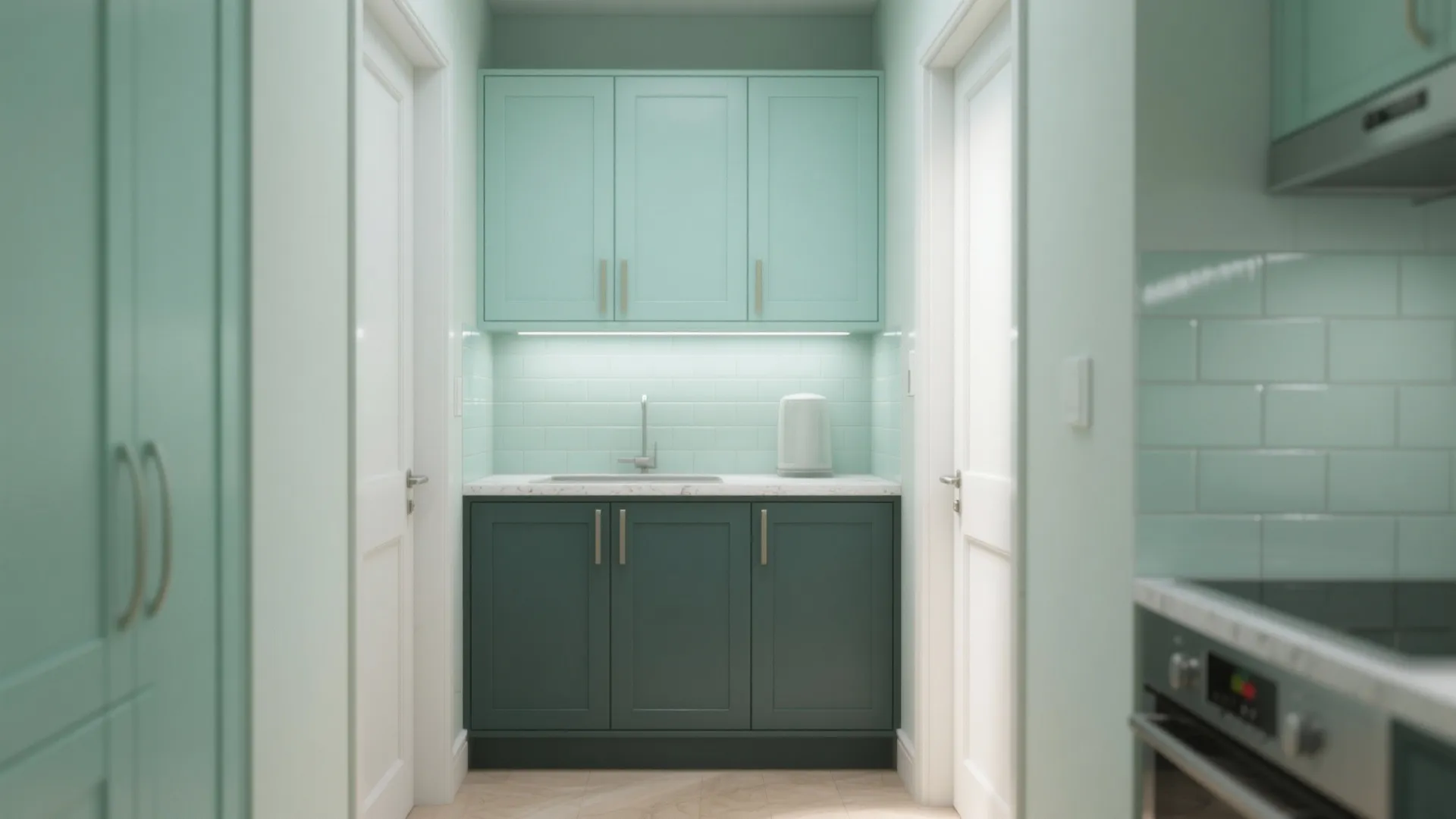 Small kitchen with mint upper cabinets and darker lower cabinets, light backsplash and bright daylight creating a sense of openness.