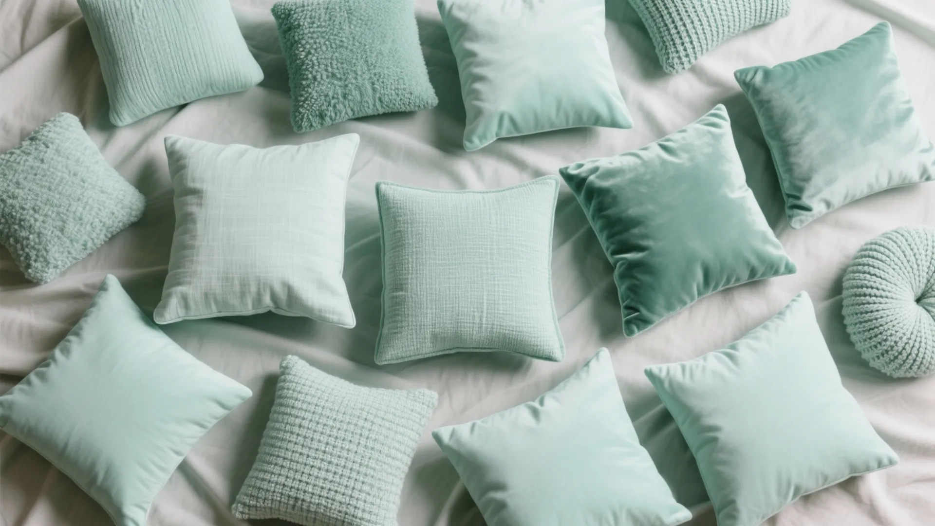 Mint green throw pillows in various textures and fabrics scattered across a soft white bed