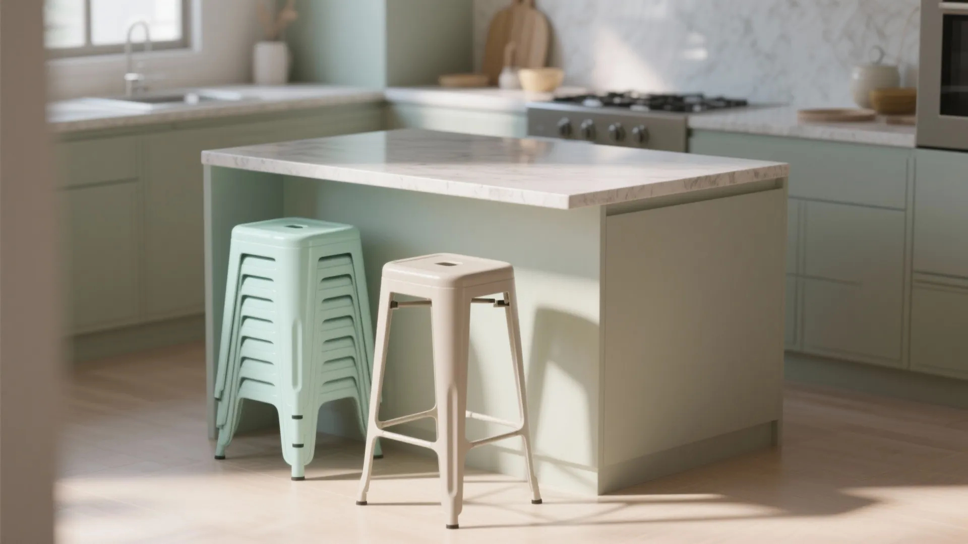 2. Pastel mint molded plastic stools