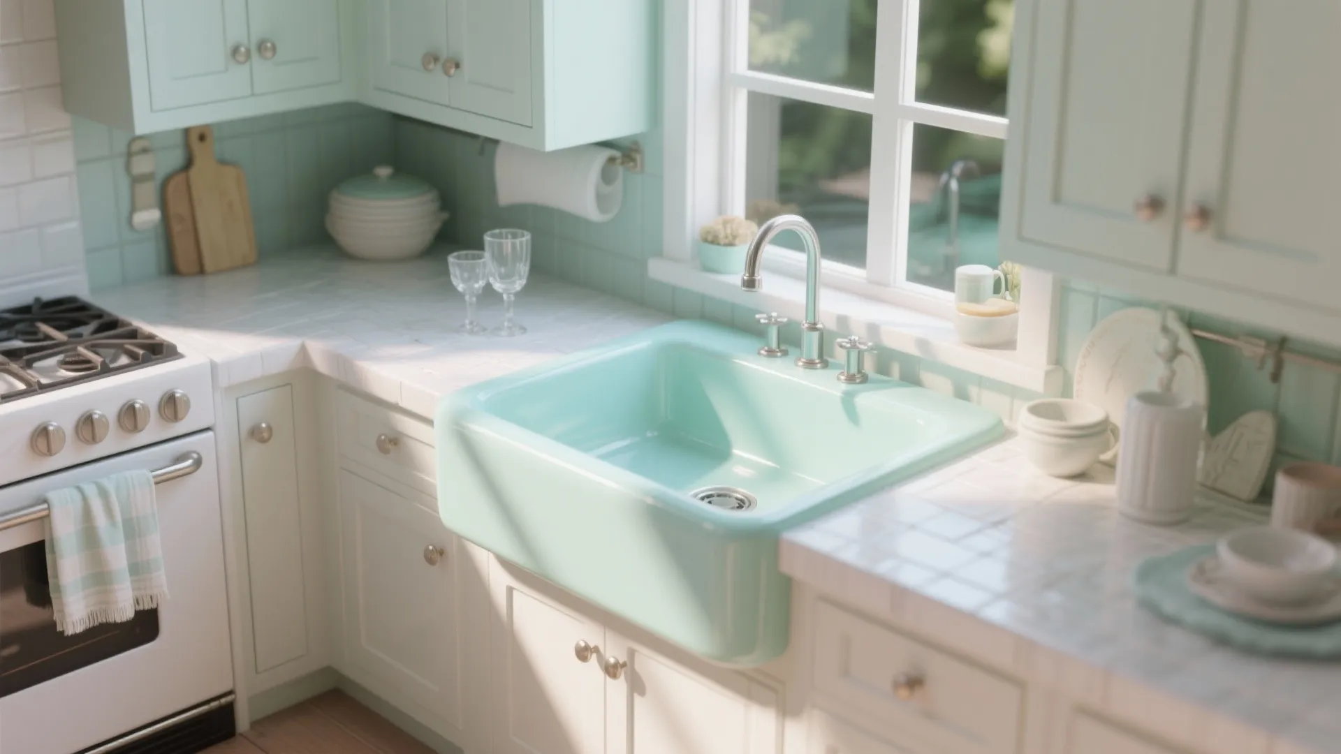 Mint green kitchen sink near a window with white cabinets and white stove in kitchen