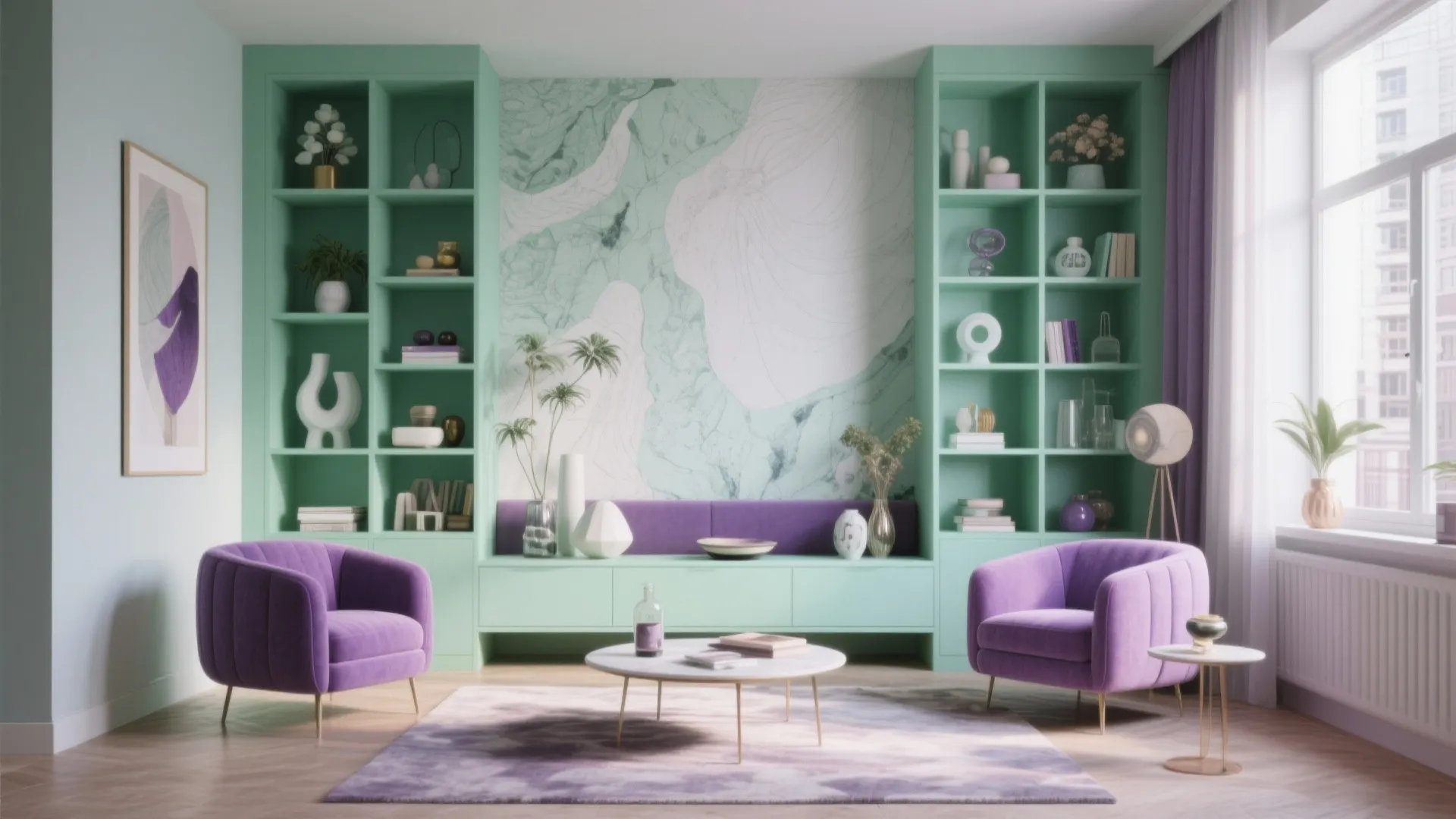 6. Mint Green Built-ins with Purple Upholstery