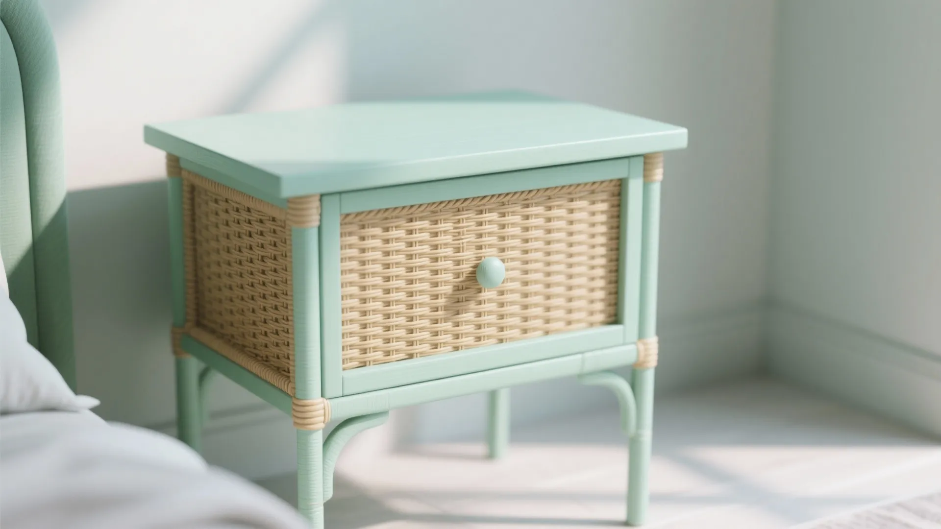 Mint green painted rattan nightstand in soft daylight