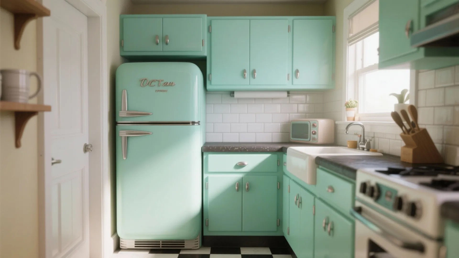 Retro mint green kitchen with vintage refrigerator white tile backsplash black and white checkered floor tiles