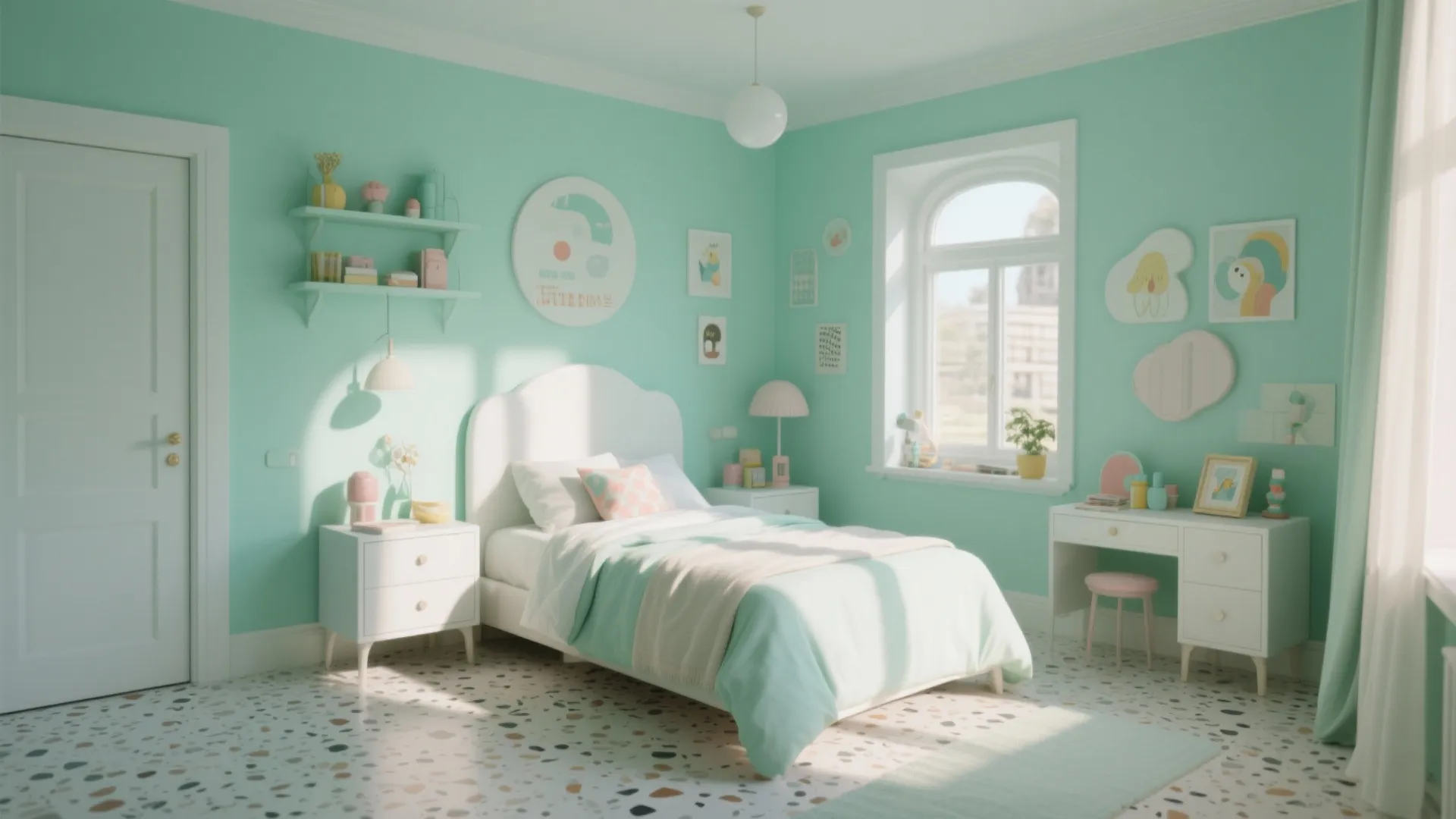 Mint green kids bedroom with white bed desk wall shelves hanging light and patterned floor