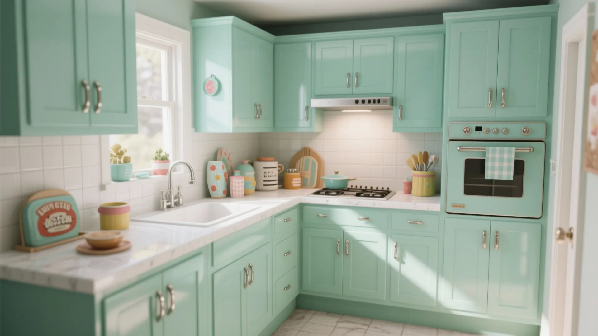 Retro kitchen with mint green cabinets white tile backsplash marble countertop oven and bright window light