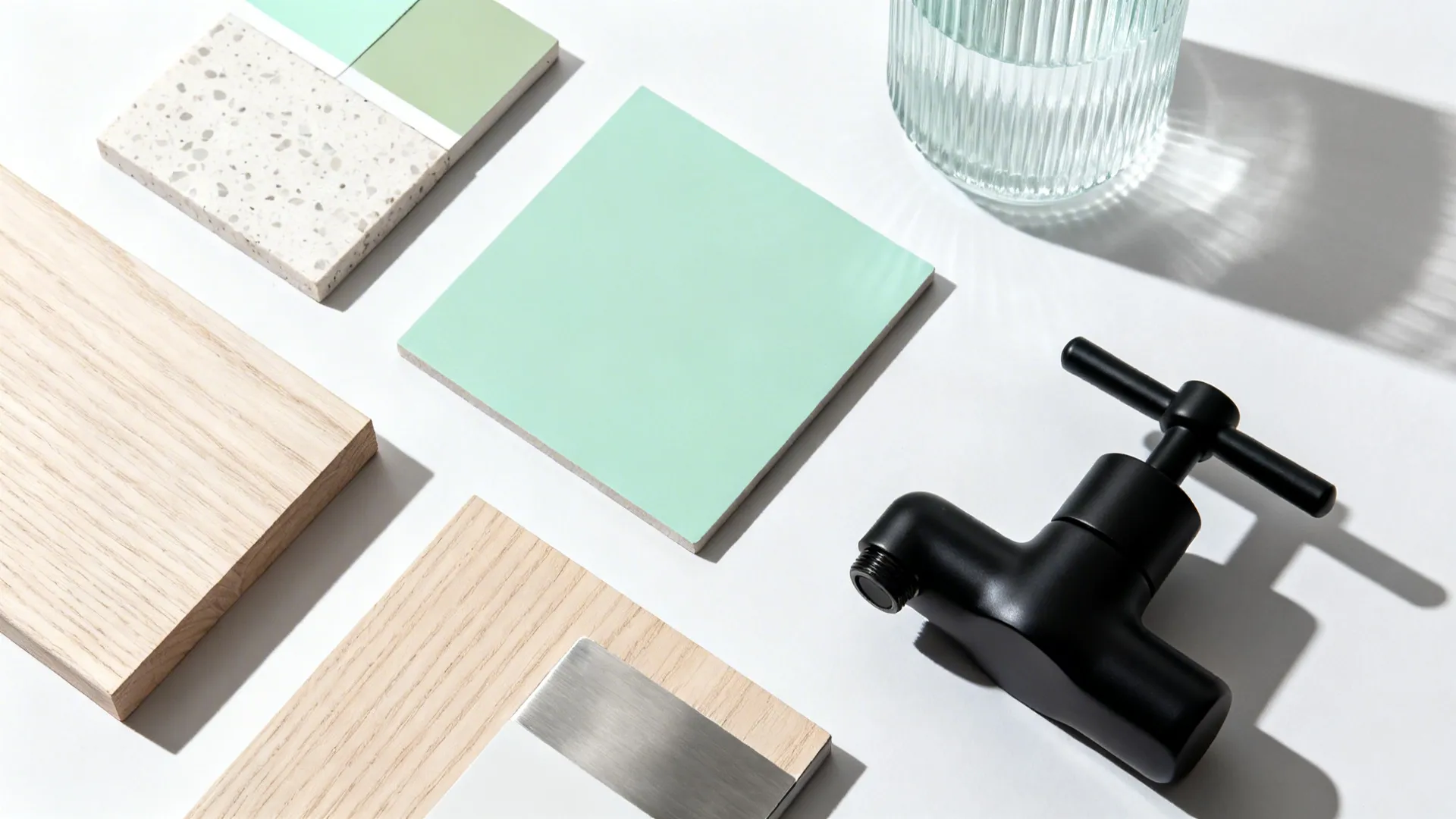 Flat lay with mint and sage paint chips, pale terrazzo, ribbed glass, and black fixtures.
