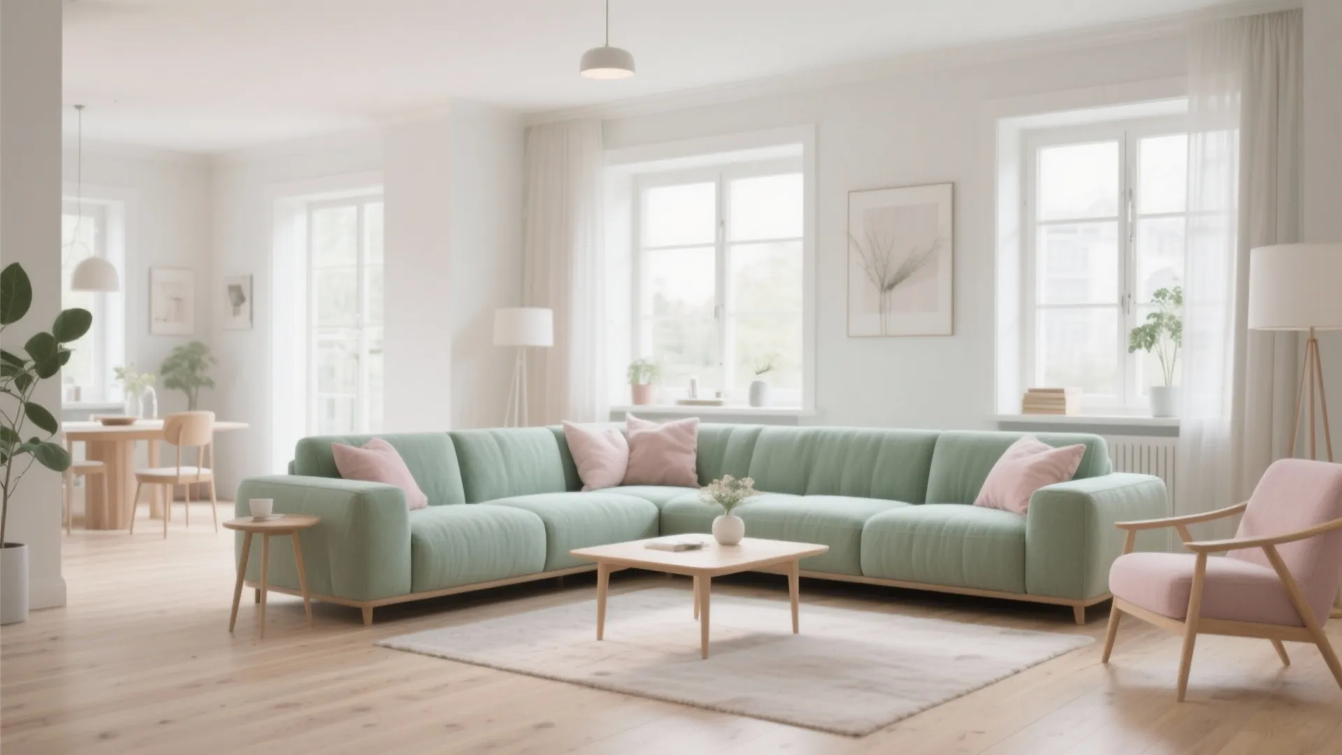 Modern bright living room with large green sofa pink pillows wooden floor and white walls