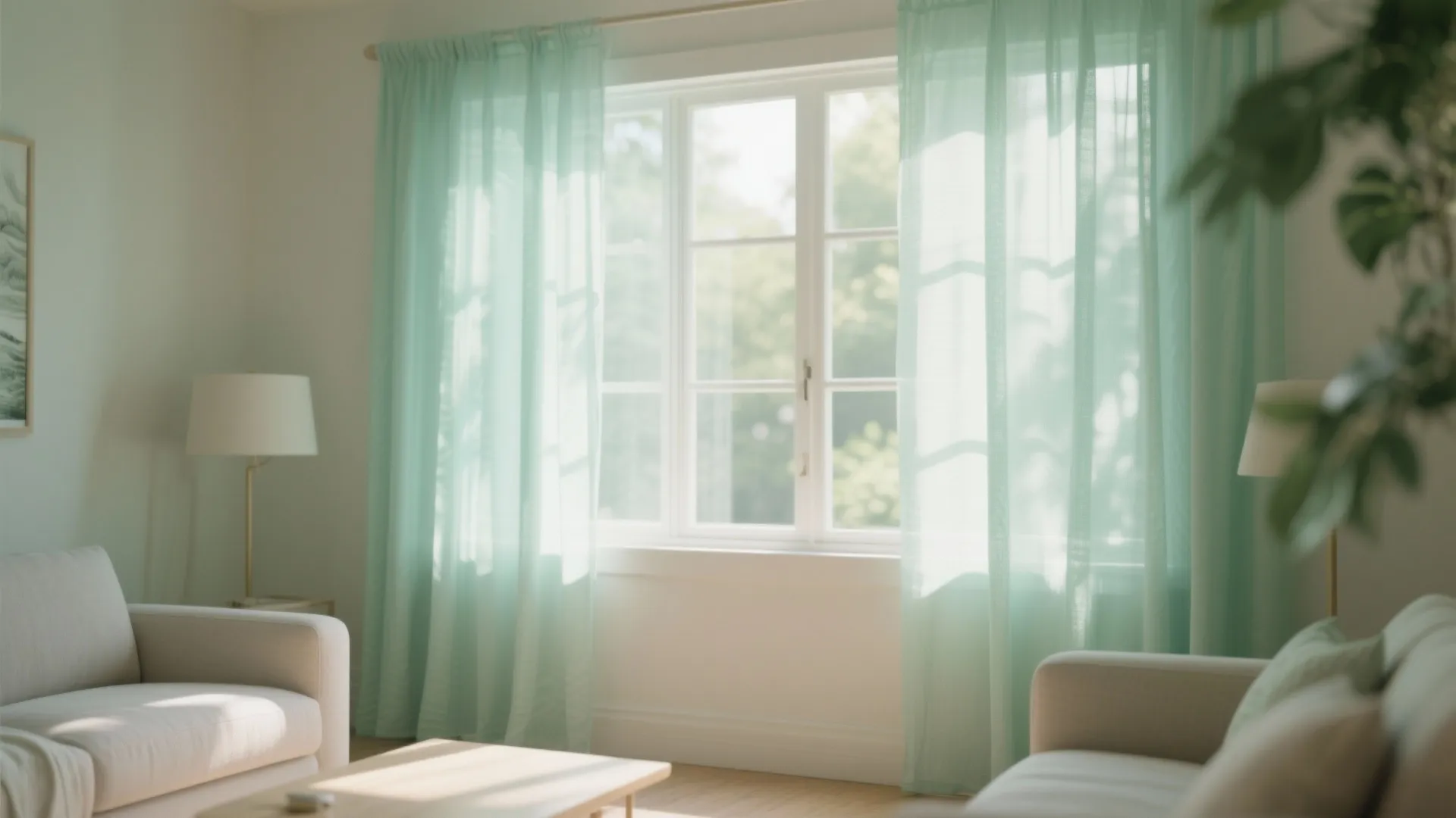 Light green curtains on large windows in a bright living room with sofa and lamp